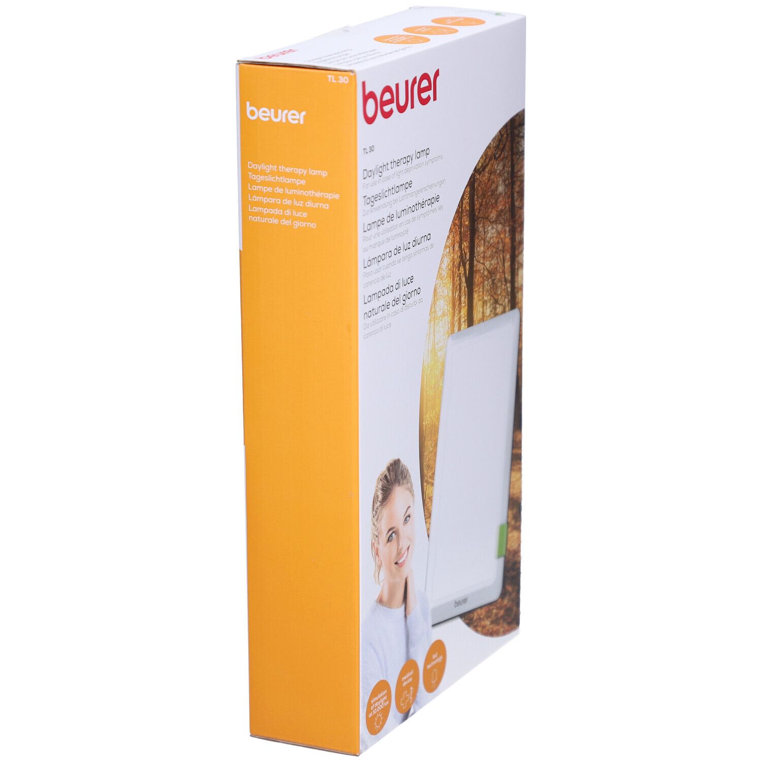Seitenansicht der Verpackung der Tageslichtlampe. Aufdrucke: Beurer, TL 30, Tageslichtlampe, Lampe de luminothérapie, Lampara de luz diurna, Lampada di luce naturale del giorno.