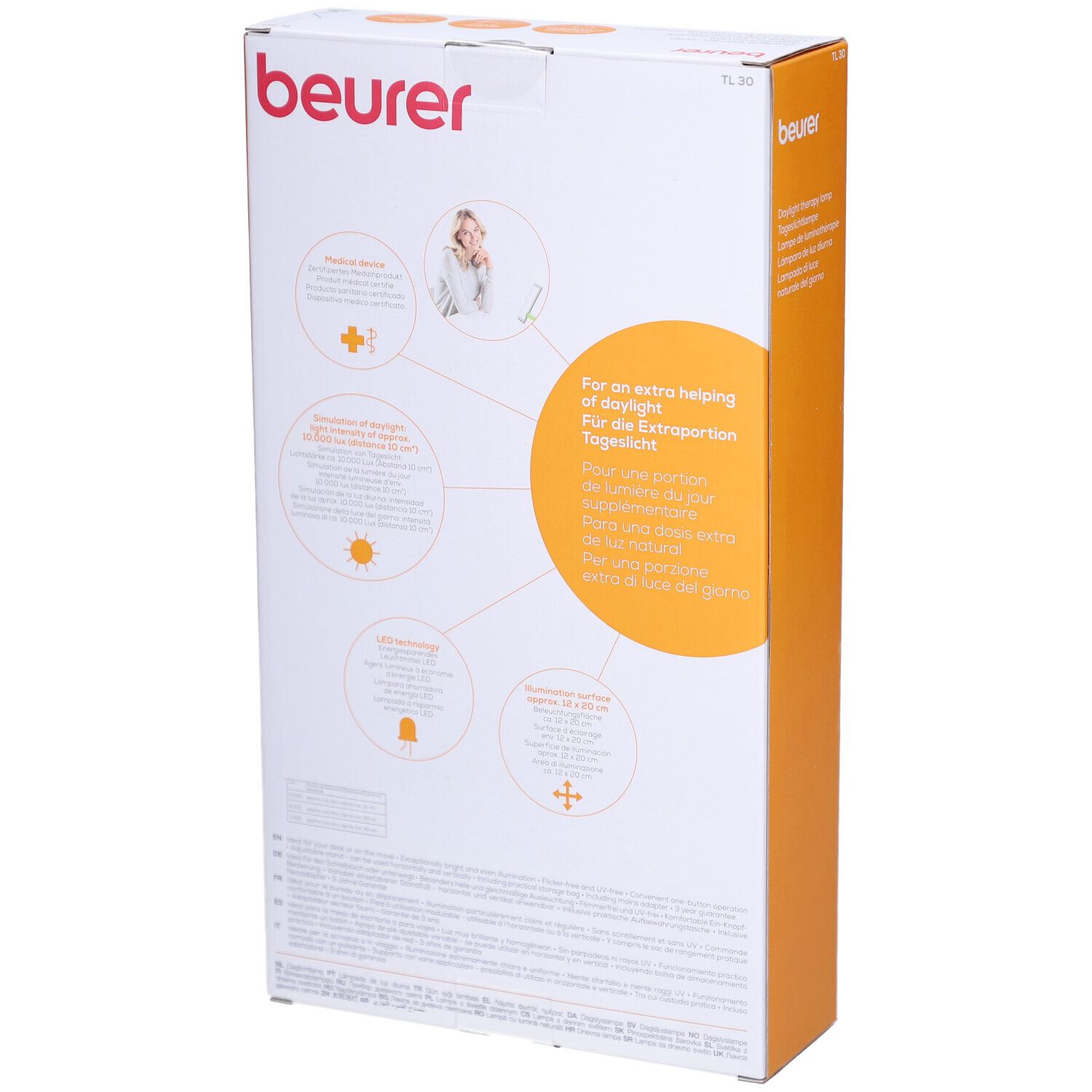 Rückseite der Verpackung der Tageslichtlampe. Aufdrucke: Beurer, Informationen zur Tageslichtlampe, Piktogramme.