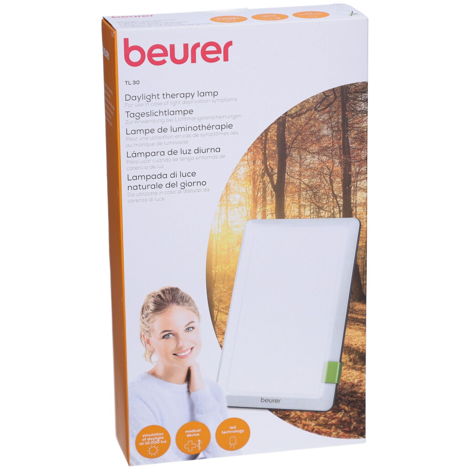 Verpackung der Tageslichtlampe. Aufdrucke: Beurer, TL 30, Tageslichtlampe, Lampe de luminothérapie, Lampara de luz diurna, Lampada di luce naturale del giorno. Produkt und Frau.