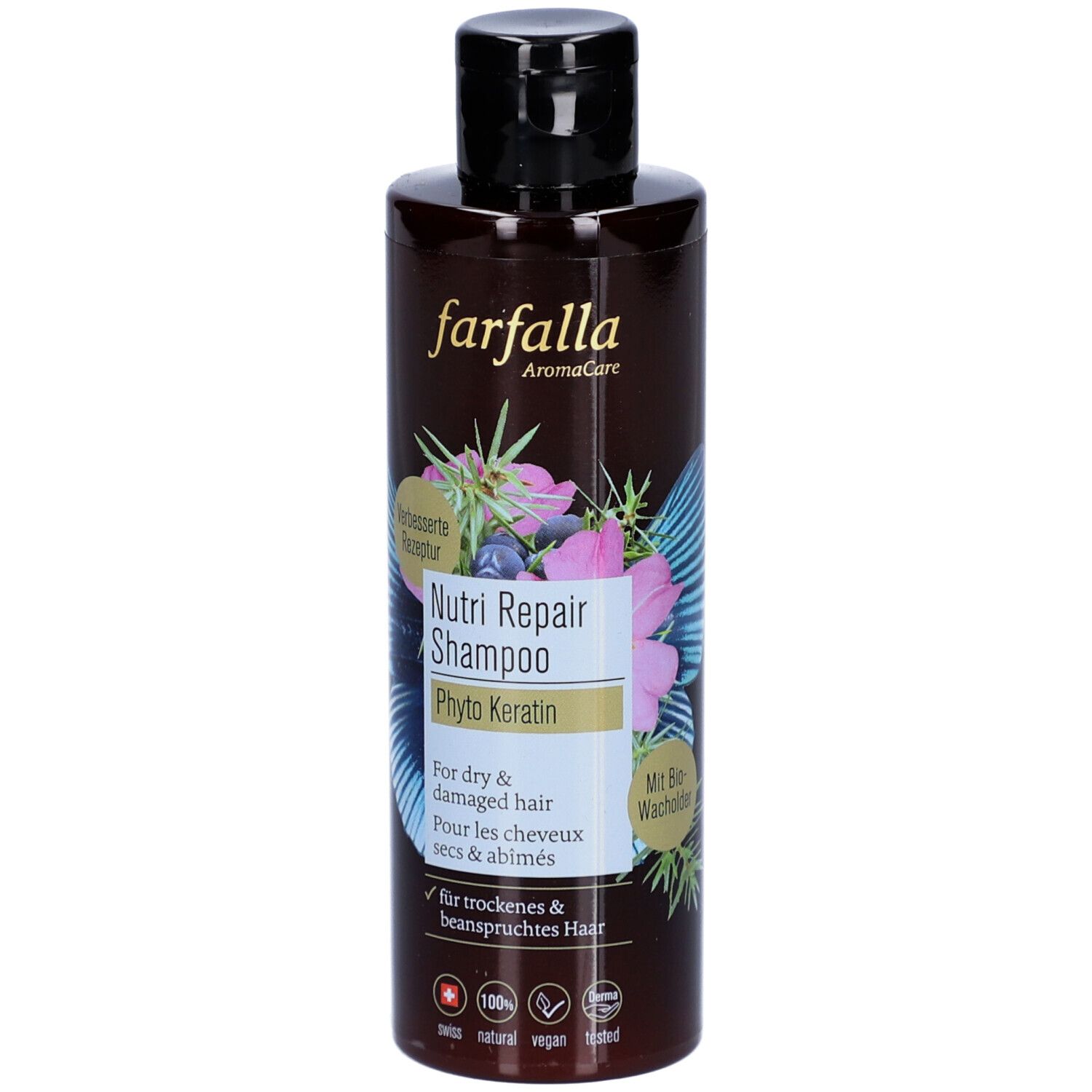 Braune Shampoo-Flasche mit schwarzem Deckel. Aufschrift: Farfalla AromaCare, Nutri Repair Shampoo, Phyto Keratin. Für trockenes & beanspruchtes Haar.