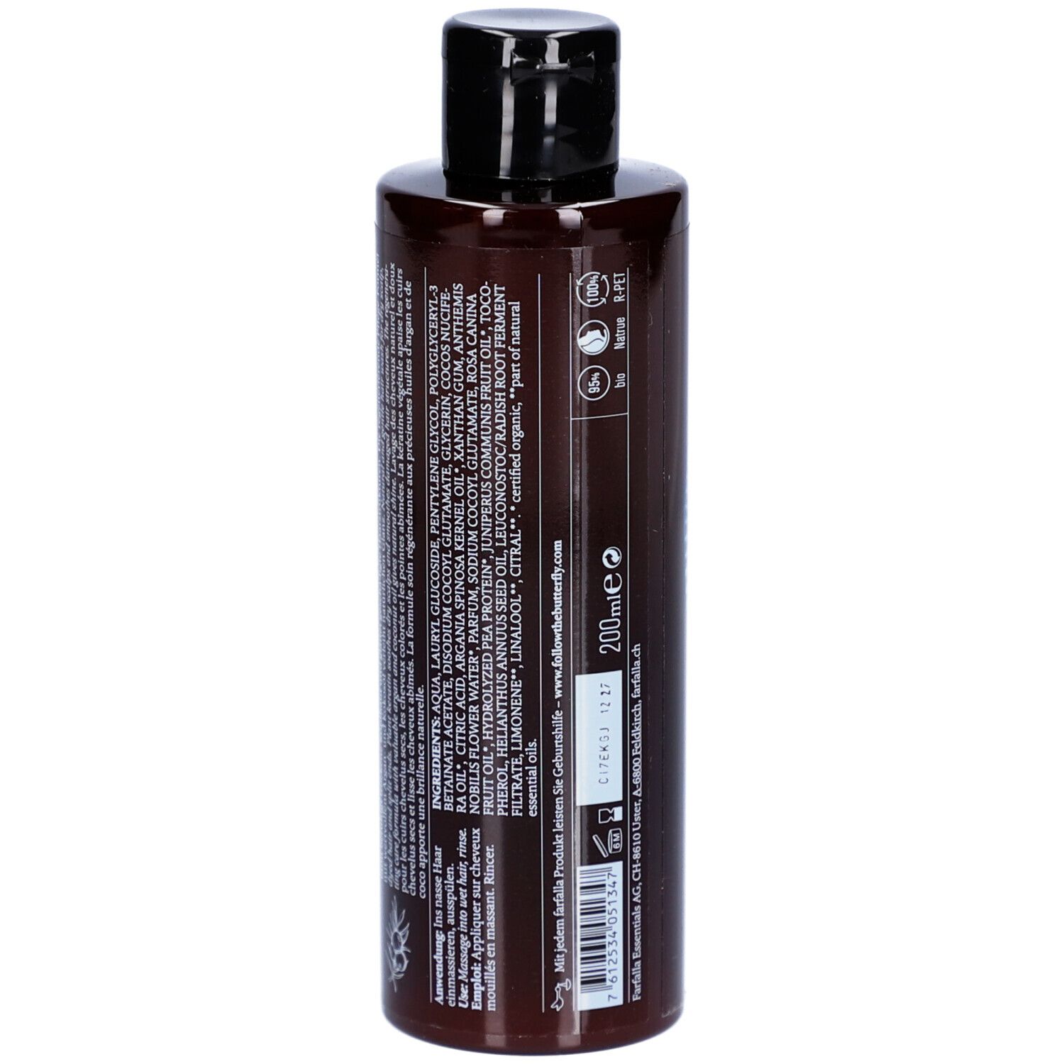 Rückseite einer braunen Shampoo-Flasche. Enthält Inhaltsstoffe und Herstellerinformationen. 200ml.