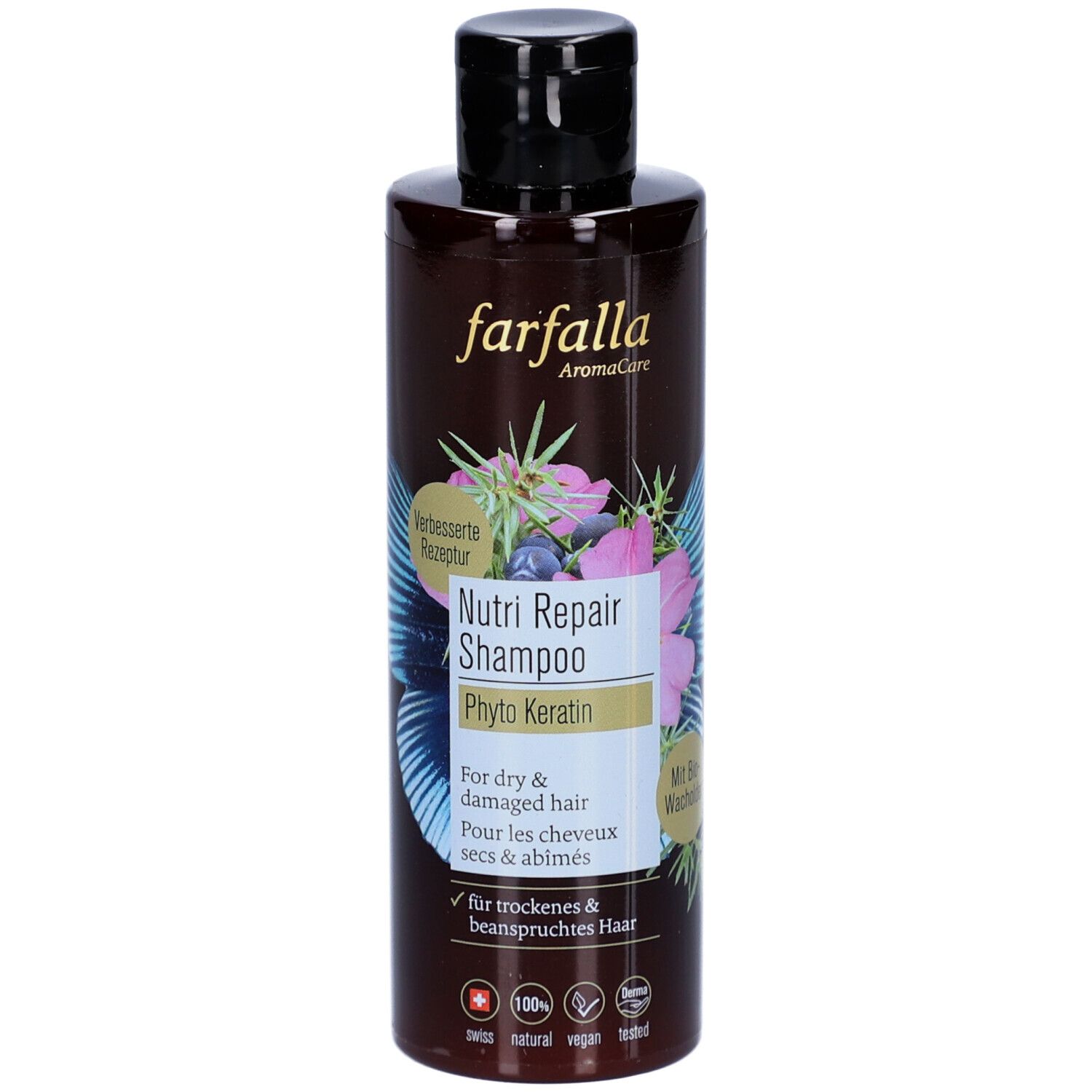 Braune Shampoo-Flasche mit schwarzem Deckel. Aufschrift: Farfalla AromaCare, Nutri Repair Shampoo, Phyto Keratin. Für trockenes & beanspruchtes Haar.