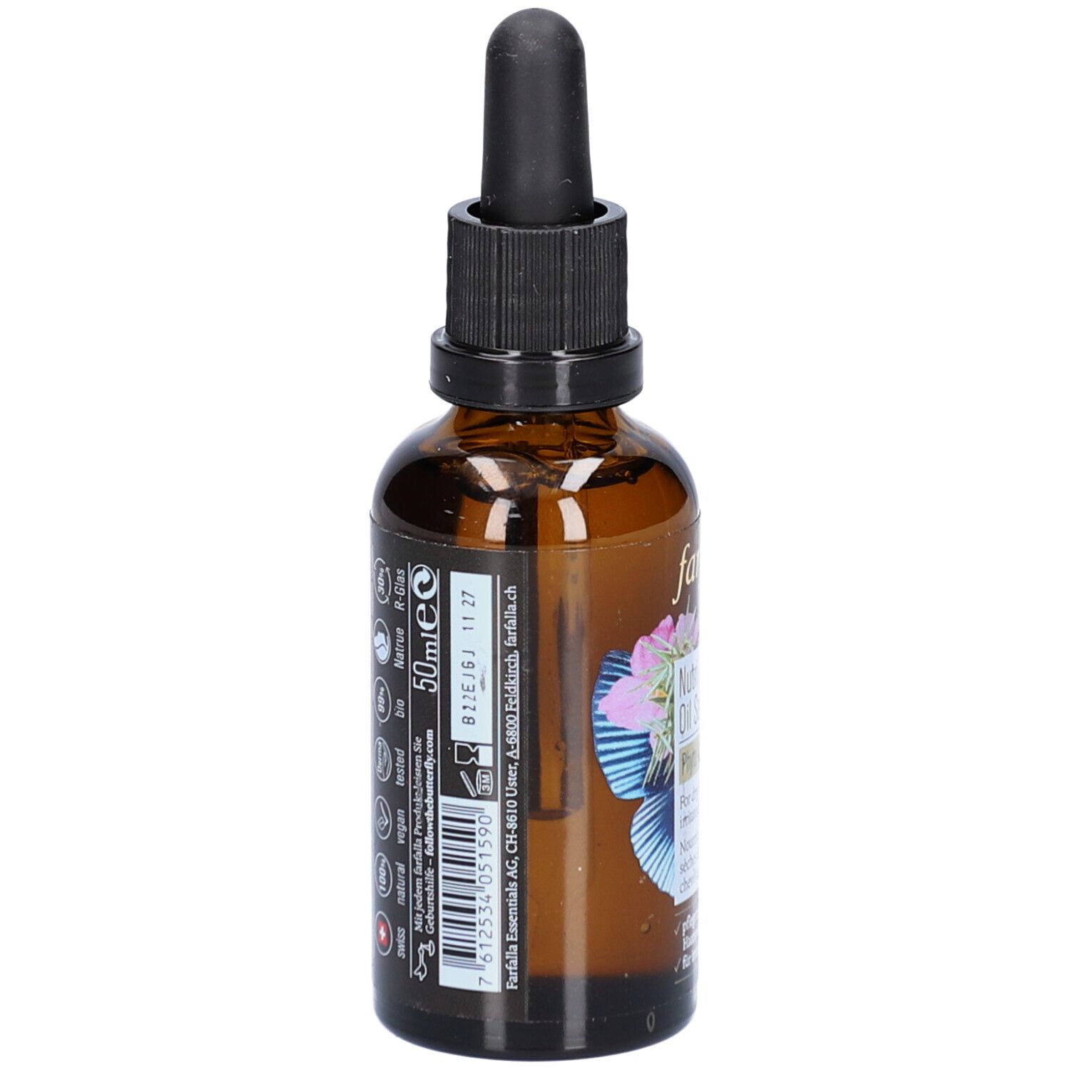 Braune Glasflasche mit schwarzem Deckel und Pipette. Rückseite mit Text, Barcode und Angaben zur Marke und Inhaltsstoffen.