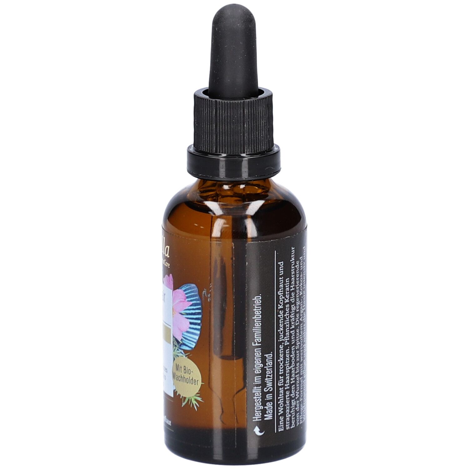 Braune Glasflasche mit schwarzem Deckel und Pipette. Seite mit Text, darunter Angaben zur Herstellung und Zertifizierungen.