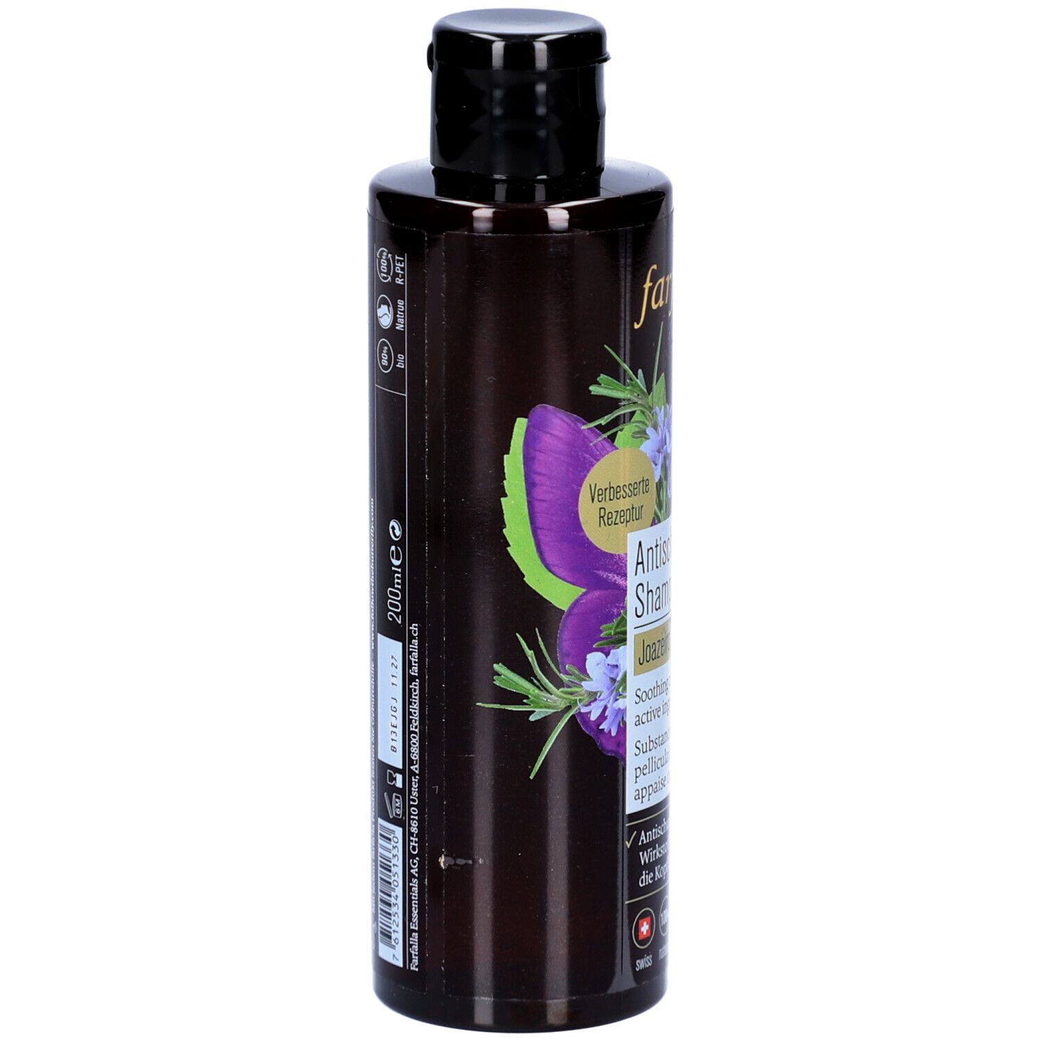 Rückseite der braunen Flasche. Text: Antischuppen Shampoo, 200ml. Mit floralem Design und verschiedenen Logos.