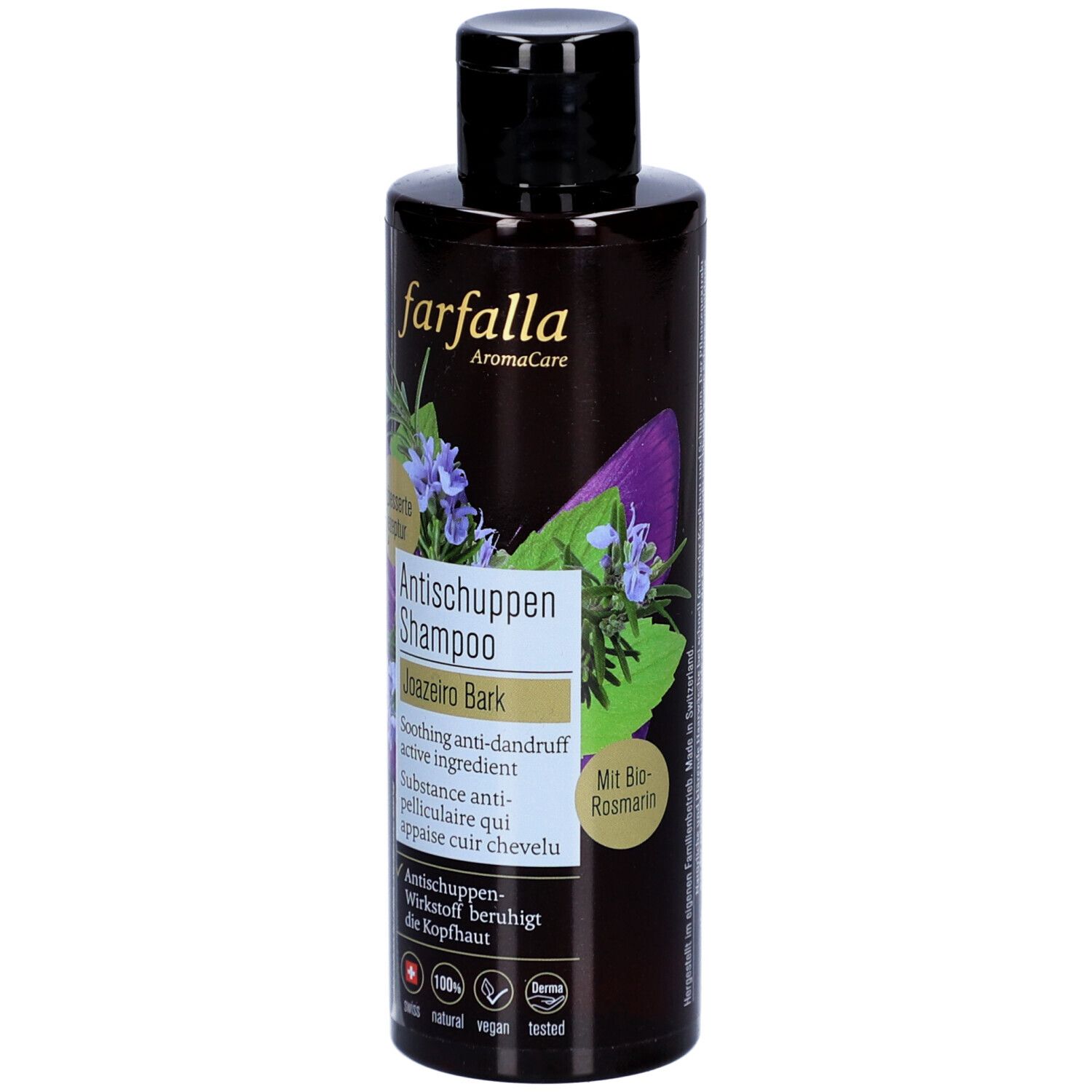 Braune Flasche mit schwarzem Deckel. Aufschrift: Farfalla Antischuppen Shampoo Joazeiro Bark. Mit Logo und floralem Design.