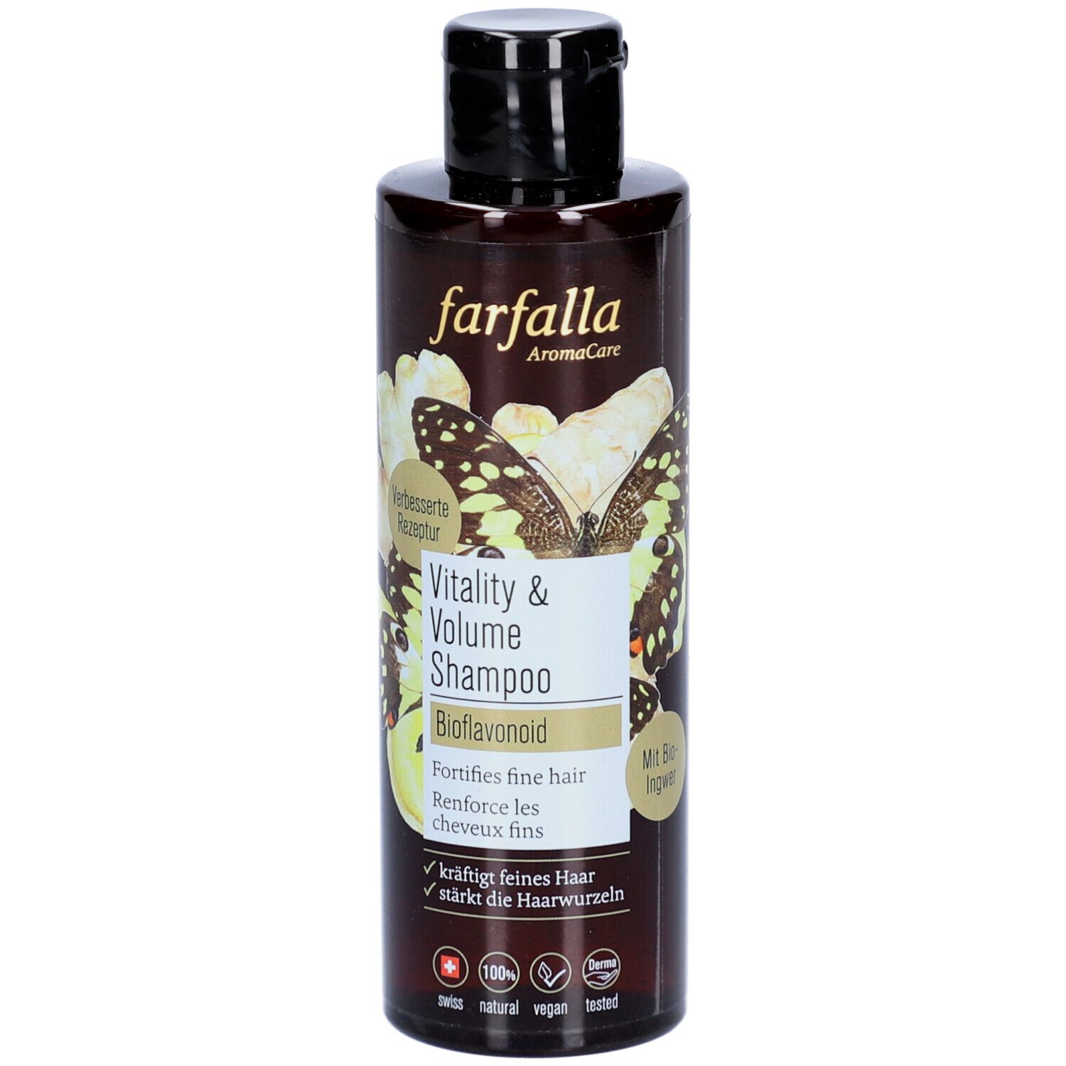 Braune Shampoo-Flasche mit schwarzem Deckel. Aufschrift: farfalla AromaCare, Vitality & Volume Shampoo, Bioflavonoid. Mit Schmetterlingsmotiv.