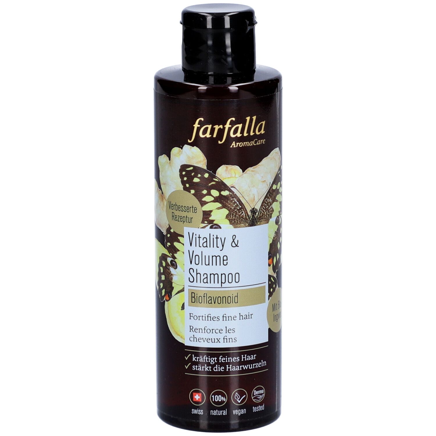 Braune Shampoo-Flasche mit schwarzem Deckel. Aufschrift: farfalla AromaCare, Vitality & Volume Shampoo, Bioflavonoid. Mit Schmetterlingsmotiv.