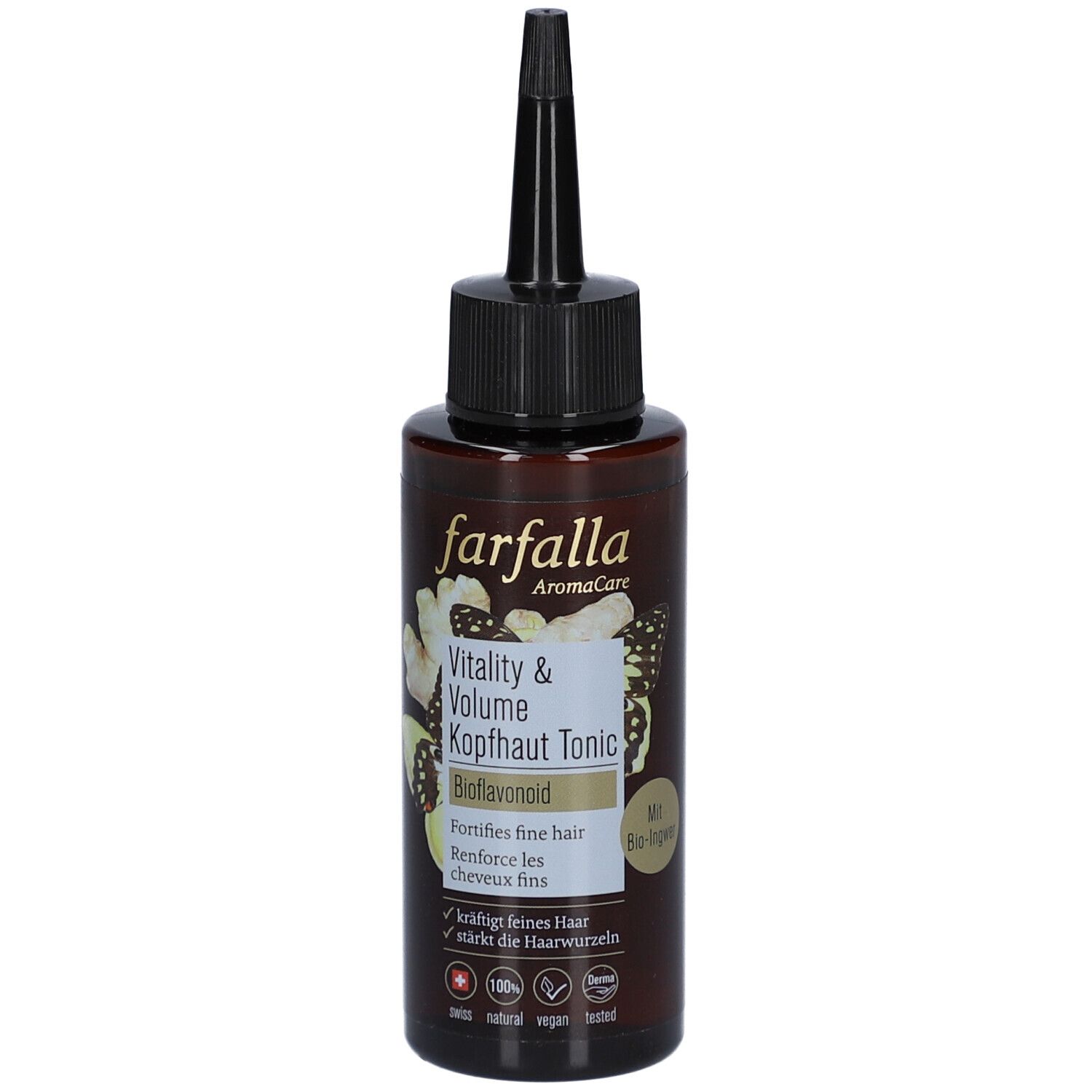 Braune Flasche mit schwarzem Applikator. Aufschrift: Farfalla AromaCare, Vitality & Volume Kopfhaut Tonic, Bioflavonoid. Mit Bio-Siegel.