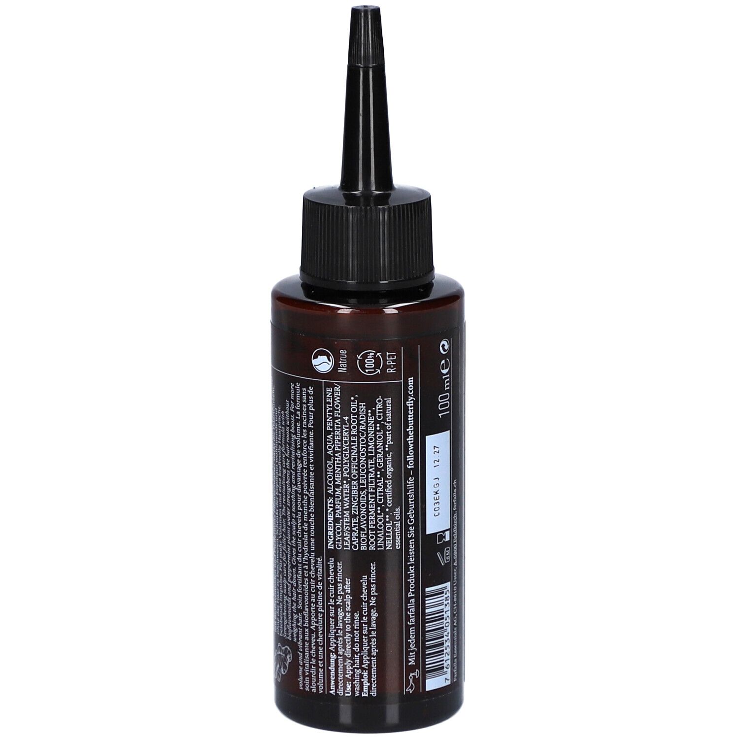 Braune Flasche mit schwarzem Applikator. Rückseite mit Inhaltsstoffen und Informationen. Mit Barcode und Produktionsdatum.