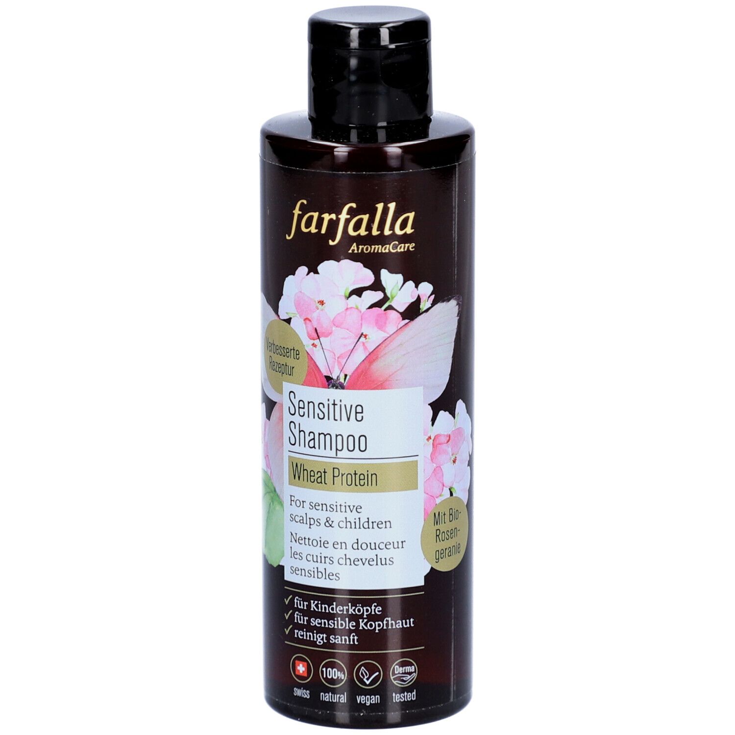 Braune Flasche Farfalla Sensitive Shampoo mit schwarzem Deckel. Aufdruck: Sensitive Shampoo, Weizenprotein, für sensible Kopfhaut.