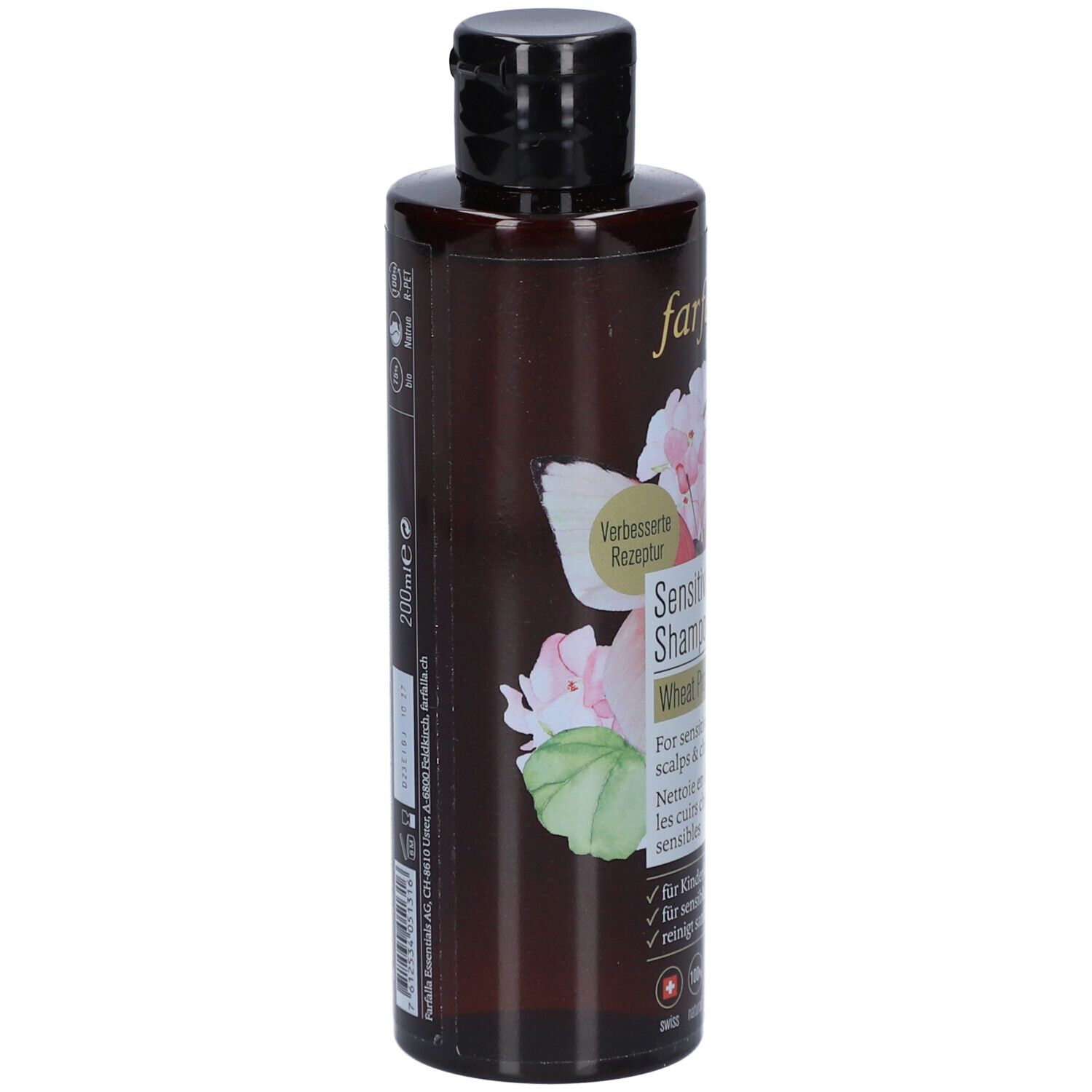 Braune Flasche Farfalla Shampoo. Aufdruck: Sensitive Shampoo, Weizenprotein. Seitlich: 200ml, Inhaltsstoffe, Herstellerinformationen.