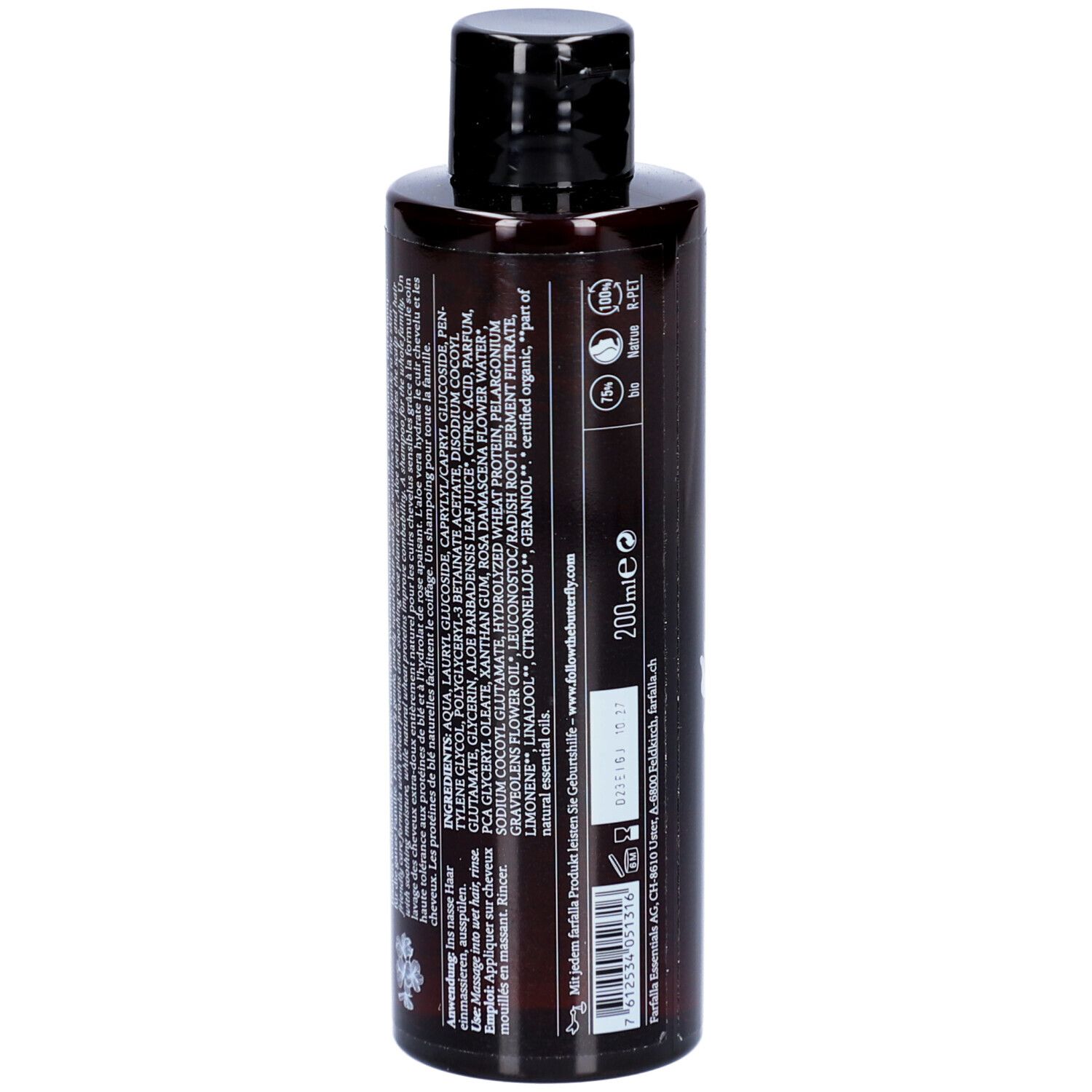 Rückseite der braunen Farfalla Shampoo Flasche. Text: Inhaltsstoffe, Herstellerinformationen, 200ml. Logos: Vegan, Swiss, Natural, getestet.