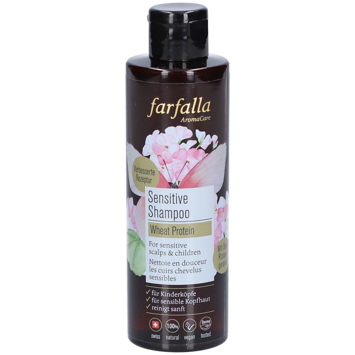 Braune Flasche Farfalla Sensitive Shampoo mit schwarzem Deckel. Aufdruck: Sensitive Shampoo, Weizenprotein, für sensible Kopfhaut.