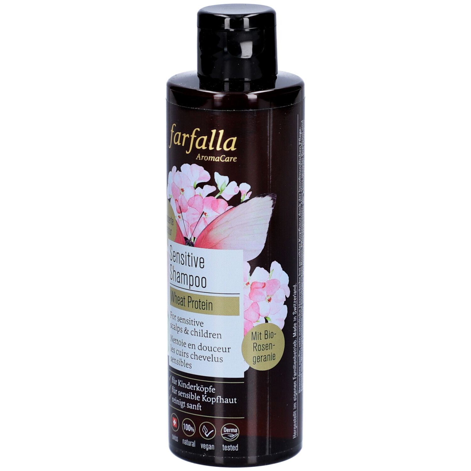 Braune Flasche Farfalla Sensitive Shampoo mit schwarzem Deckel. Aufdruck: Sensitive Shampoo, Weizenprotein, für sensible Kopfhaut.