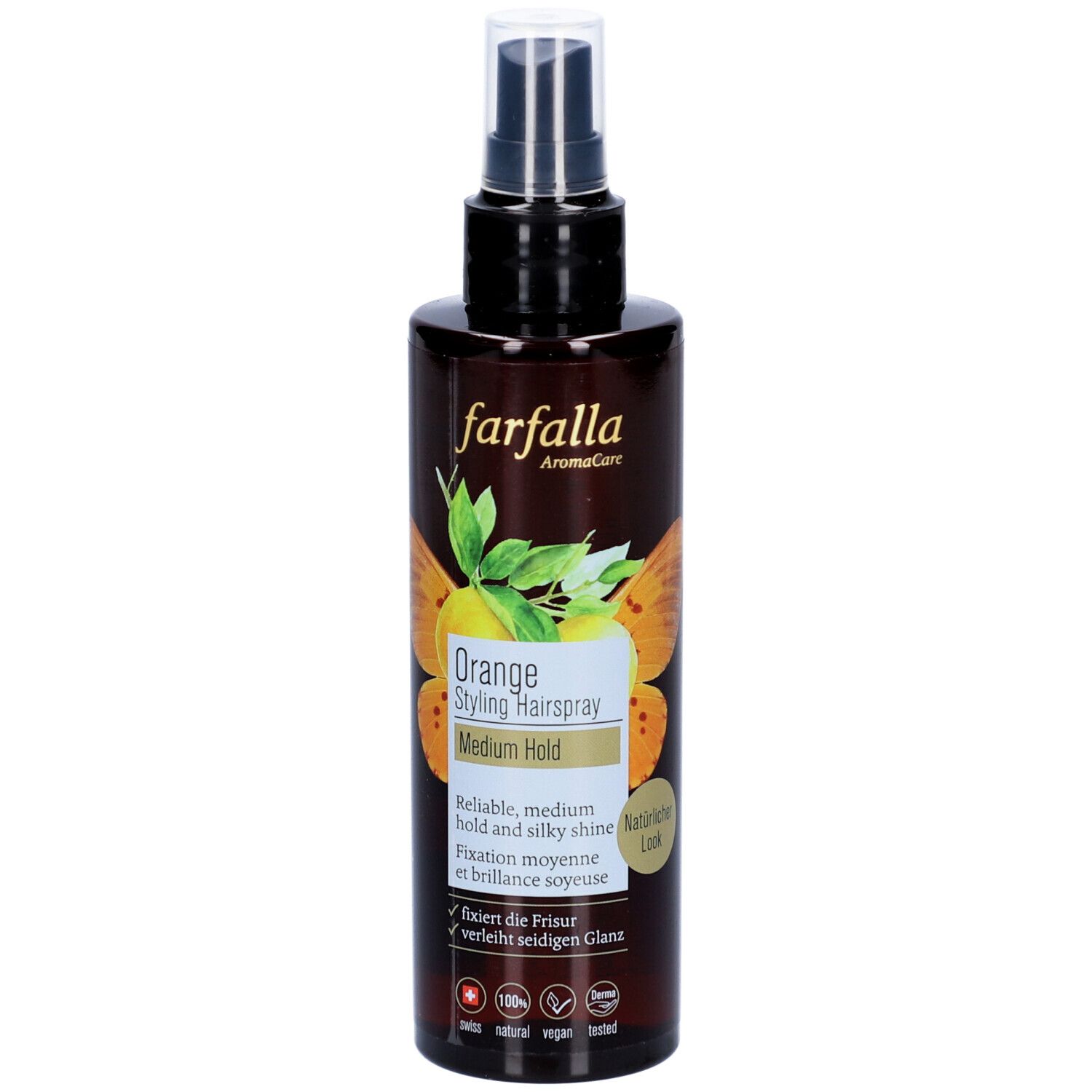 Braune Sprühflasche mit schwarzem Sprühkopf. Aufschrift: Farfalla Orange Styling Haarspray. Medium Hold. Mit Logo und Zertifizierungen.