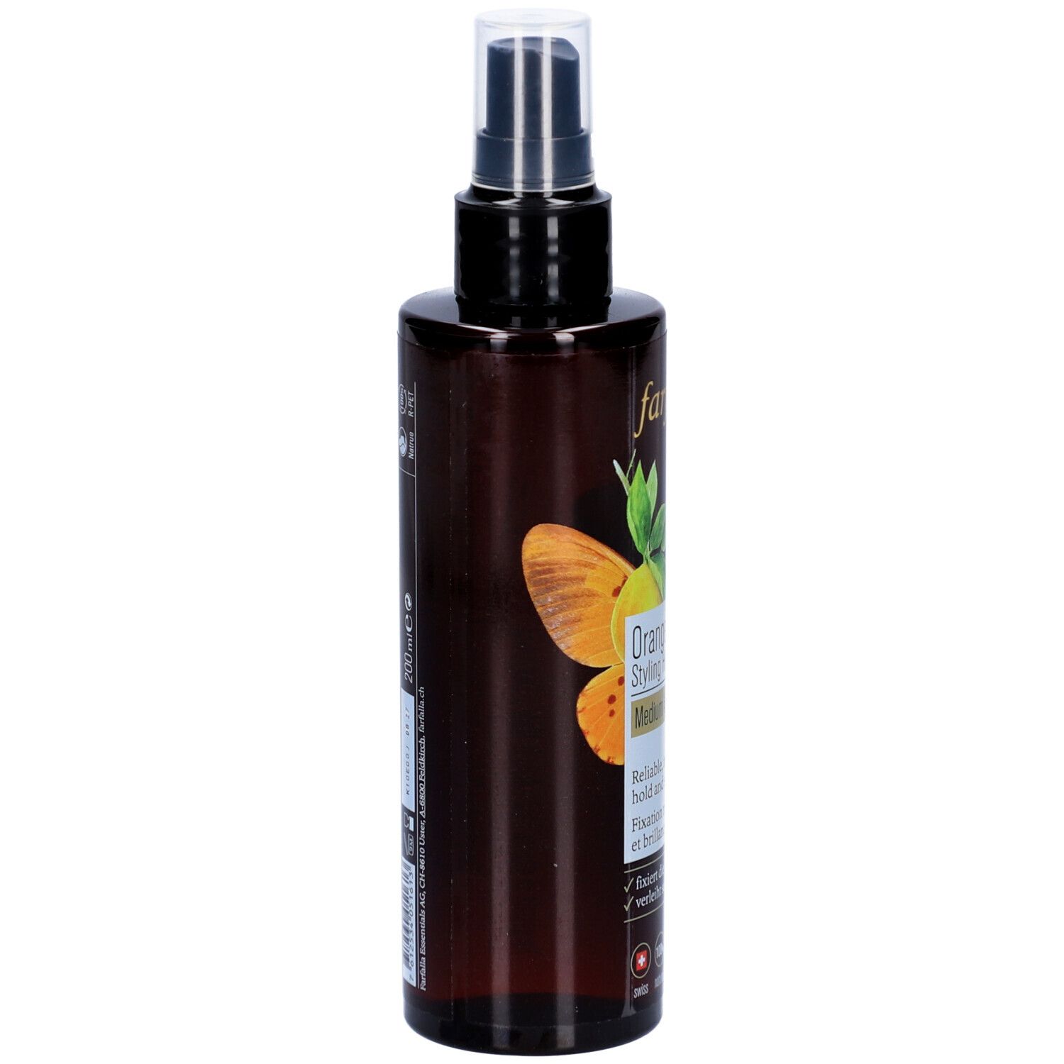 Braune Sprühflasche, Seitenansicht. Aufschrift: Farfalla Orange Styling Haarspray. Mit Logo und Text. Schwarzer Sprühkopf.