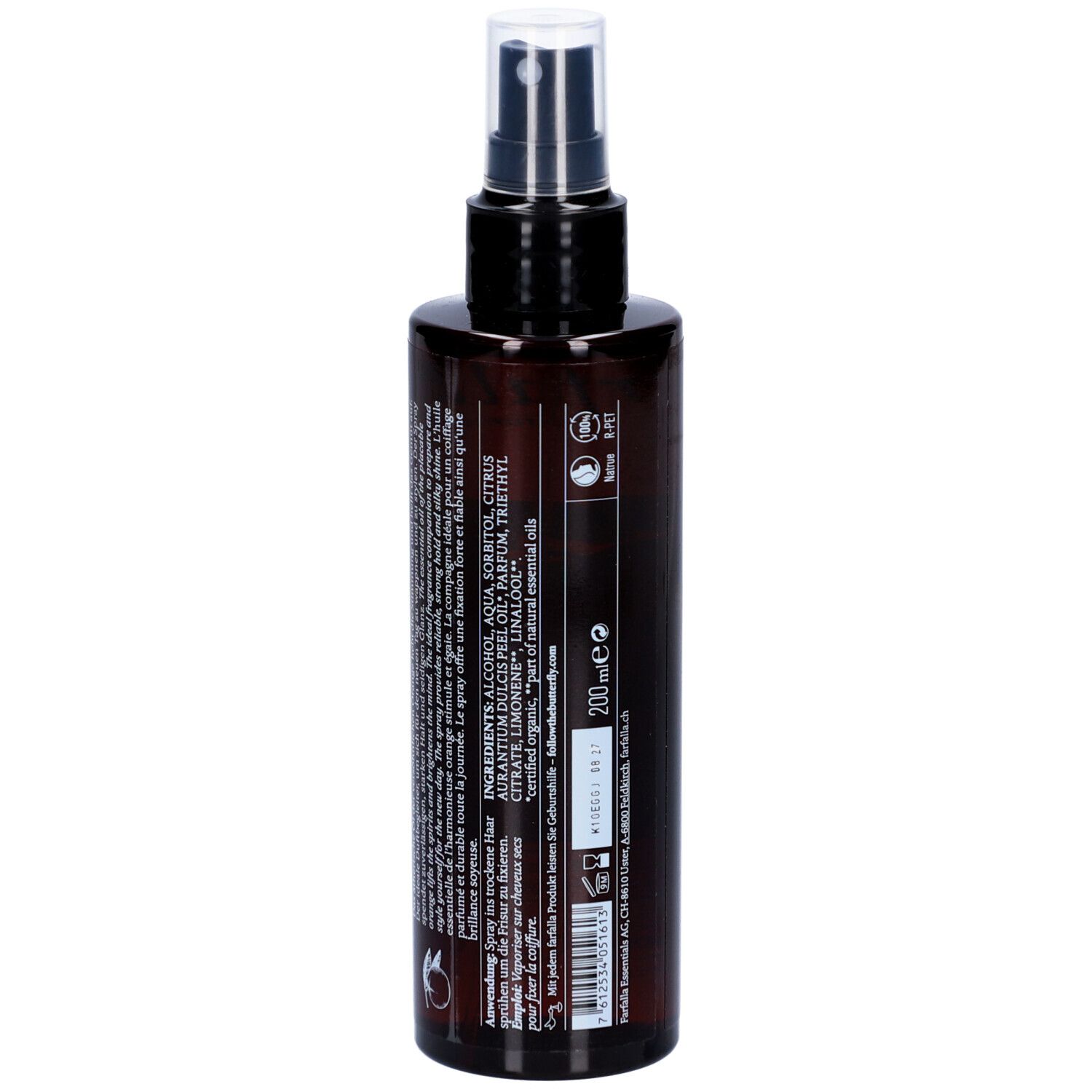 Rückseite der braunen Sprühflasche. Text mit Inhaltsstoffen und Herstellerinformationen. Schwarzer Sprühkopf.