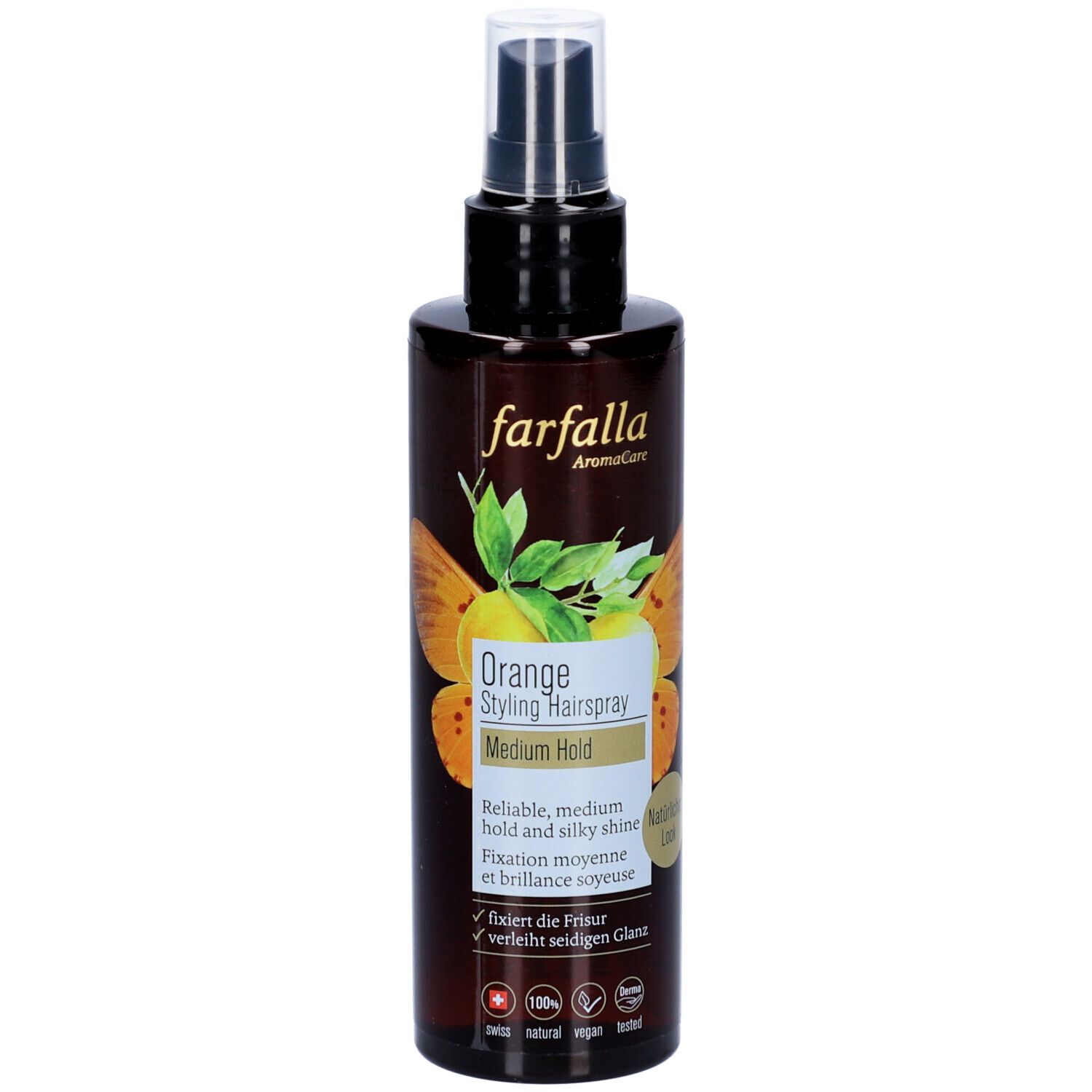Braune Sprühflasche mit schwarzem Sprühkopf. Aufschrift: Farfalla Orange Styling Haarspray. Medium Hold. Mit Logo und Zertifizierungen.
