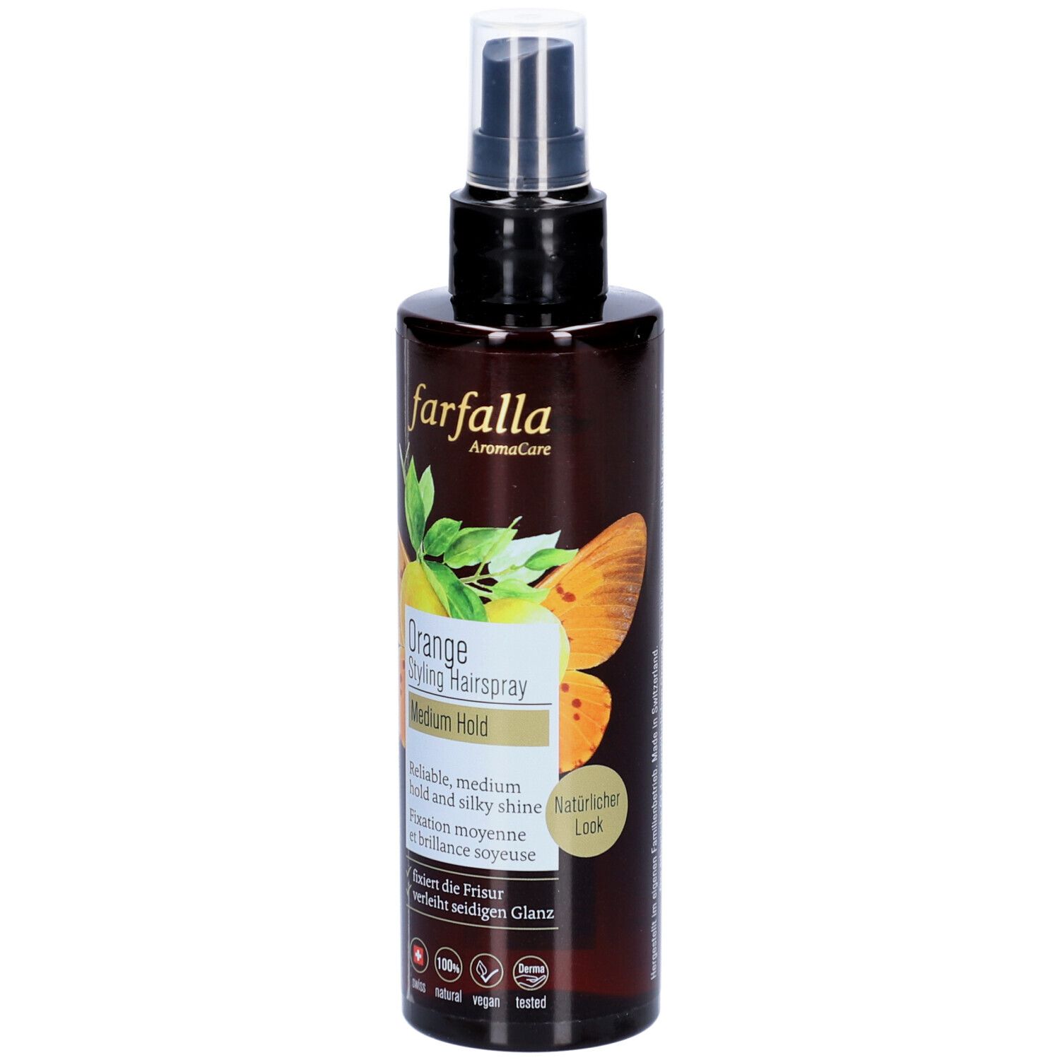 Braune Sprühflasche mit schwarzem Sprühkopf. Aufschrift: Farfalla Orange Styling Haarspray. Medium Hold. Mit Logo und Zertifizierungen.