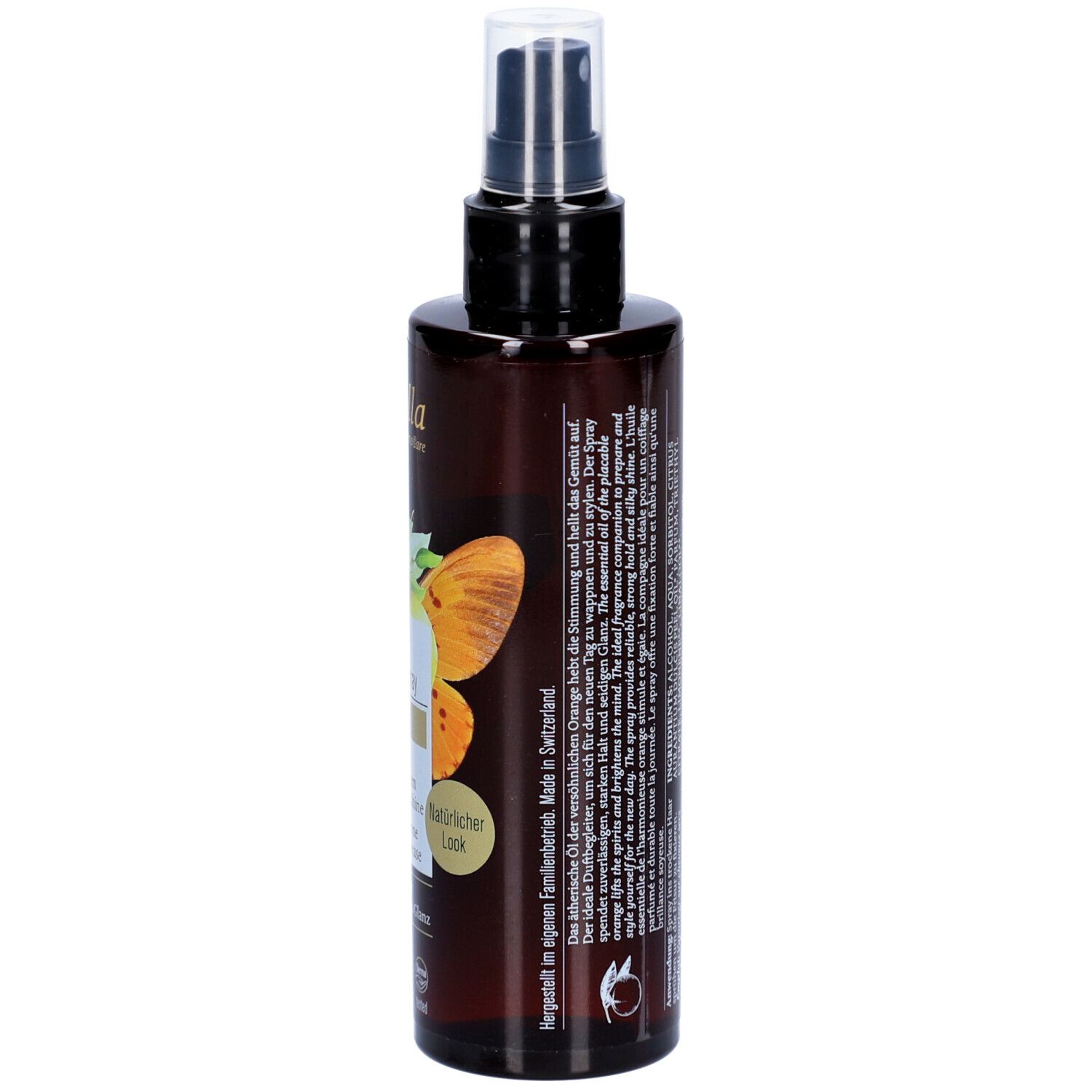 Rückseite der braunen Sprühflasche. Text mit Inhaltsstoffen und Herstellerinformationen. Schwarzer Sprühkopf.