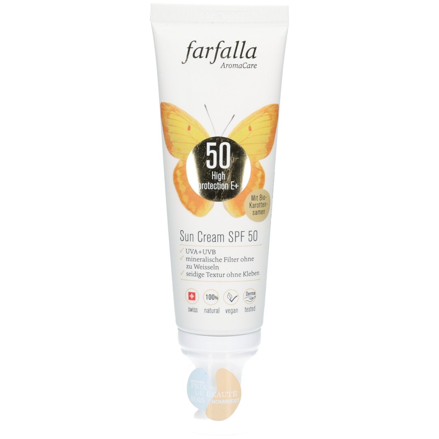 Sonnencreme-Tube mit Schmetterling-Motiv. Aufschrift: Farfalla, SPF 50. Enthält mineralische Filter. Mit Bio-Karottenöl.
