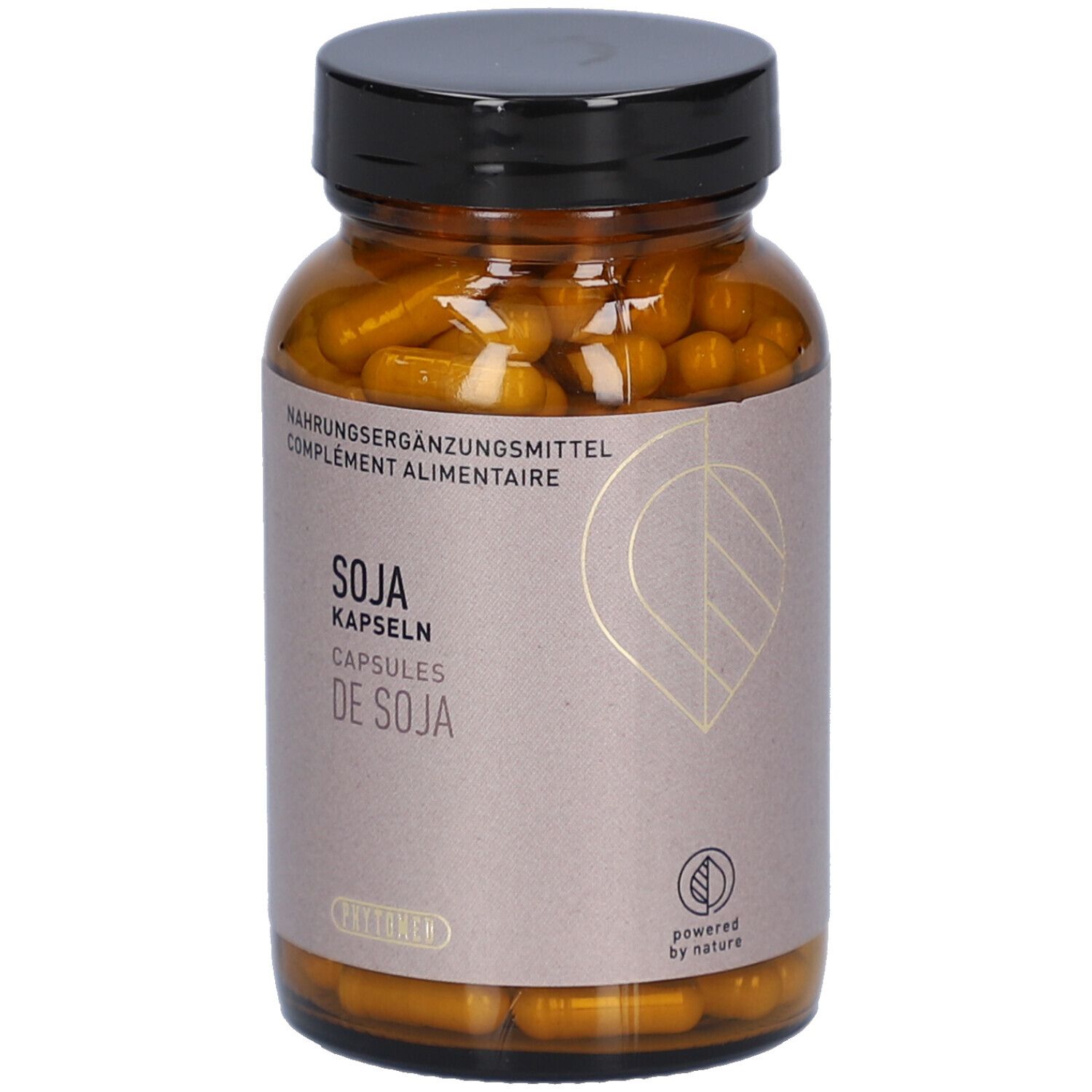 Braune Glasflasche mit schwarzen Deckel. Enthält gelbe Kapseln. Aufschrift: SOJA KAPSELN, DE SOJA. Marke: PHYTOMED.