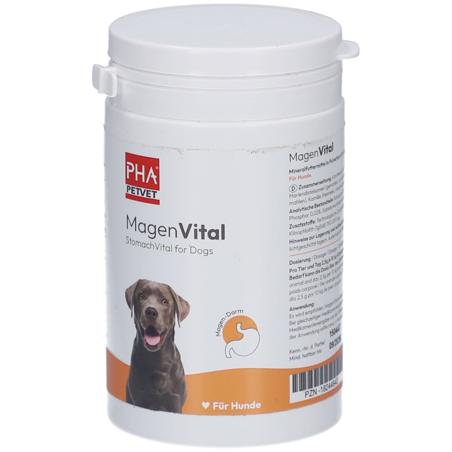 PHA PETVET MagenVital StomachVital für Hunde, 200g Dose mit Hundebild.