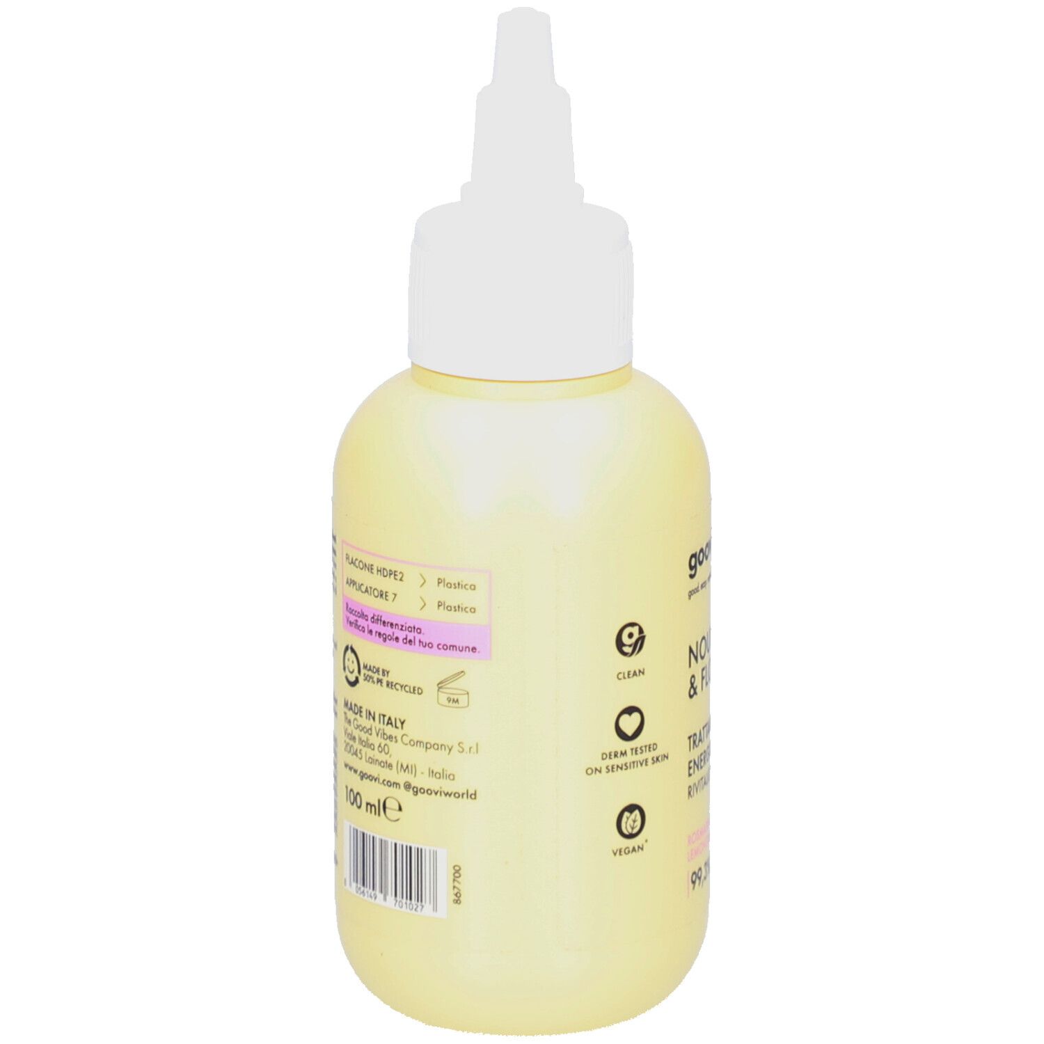 Rückseite einer gelben Flasche mit weißem Applikator. Text in Italienisch. Angaben zu Inhaltsstoffen und Hersteller. Recycling-Logo.