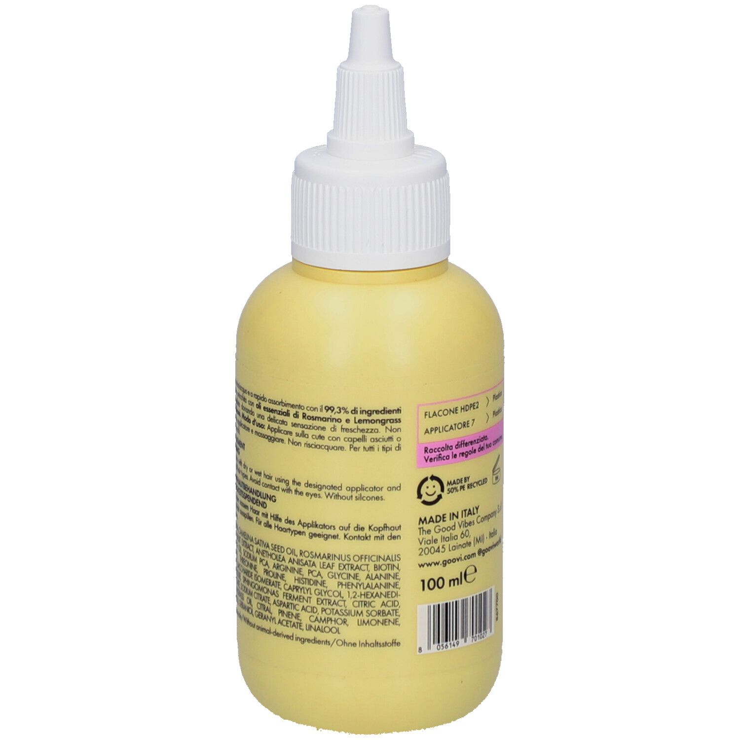 Gelbe Flasche mit weißem Applikator. Text in Italienisch. Angaben zu Inhaltsstoffen. Aufschrift: 100 ml. Herstellerinformationen.