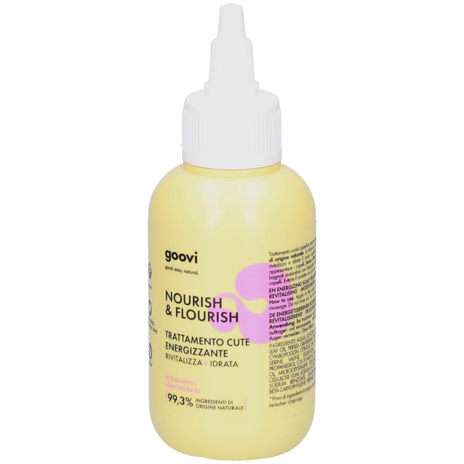 Gelbe Flasche mit weißem Applikator. Aufschrift: GOOVI NOURISH & FLOURISH. Text in Italienisch. 99,3% Inhaltsstoffe natürlichen Ursprungs.