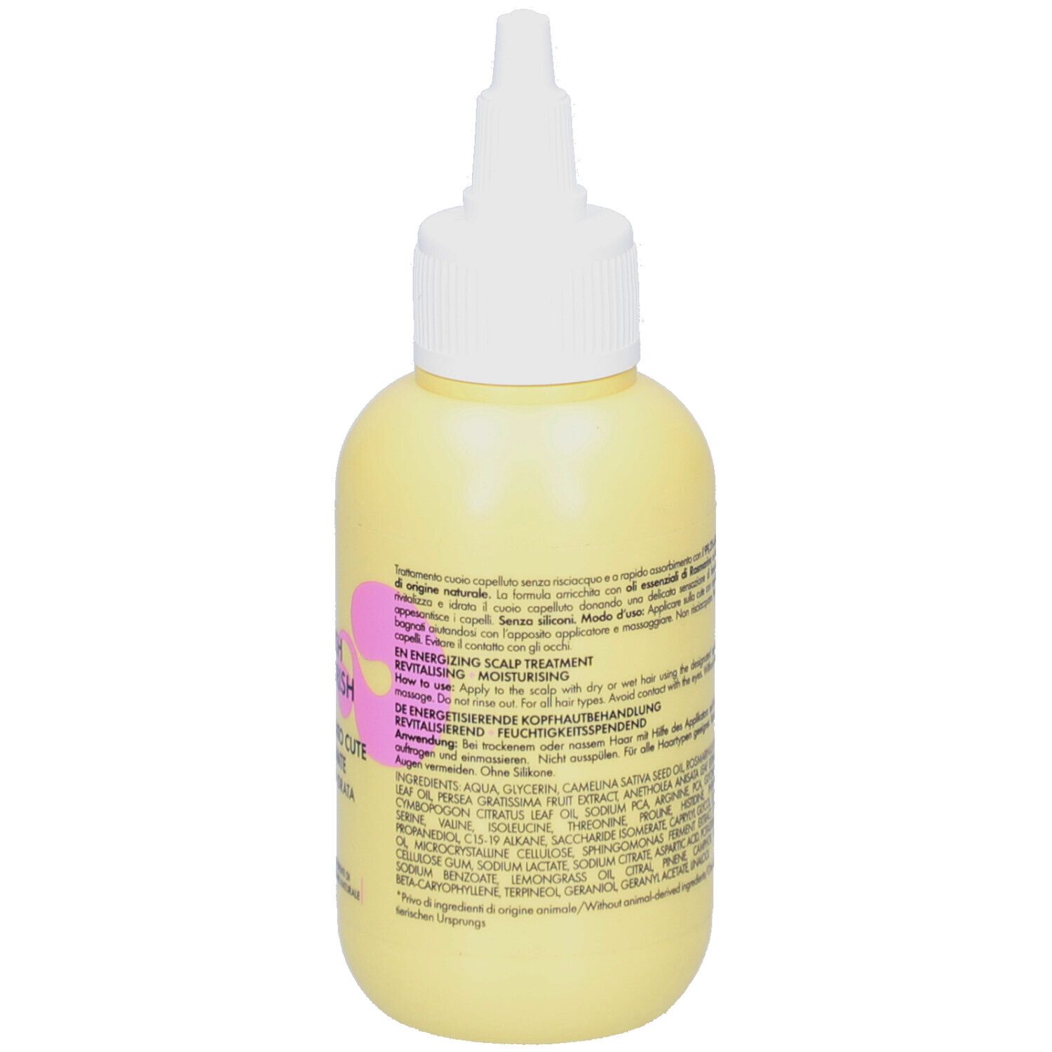 Rückseite einer gelben Flasche mit weißem Applikator. Text in Italienisch. Angaben zu Inhaltsstoffen und Anwendung. Aufschrift: 100 ml.