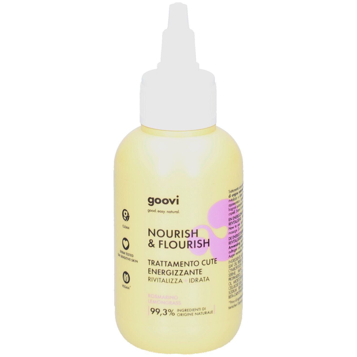 Gelbe Flasche mit weißem Applikator. Aufschrift: GOOVI NOURISH & FLOURISH. Text in Italienisch. 99,3% Inhaltsstoffe natürlichen Ursprungs.