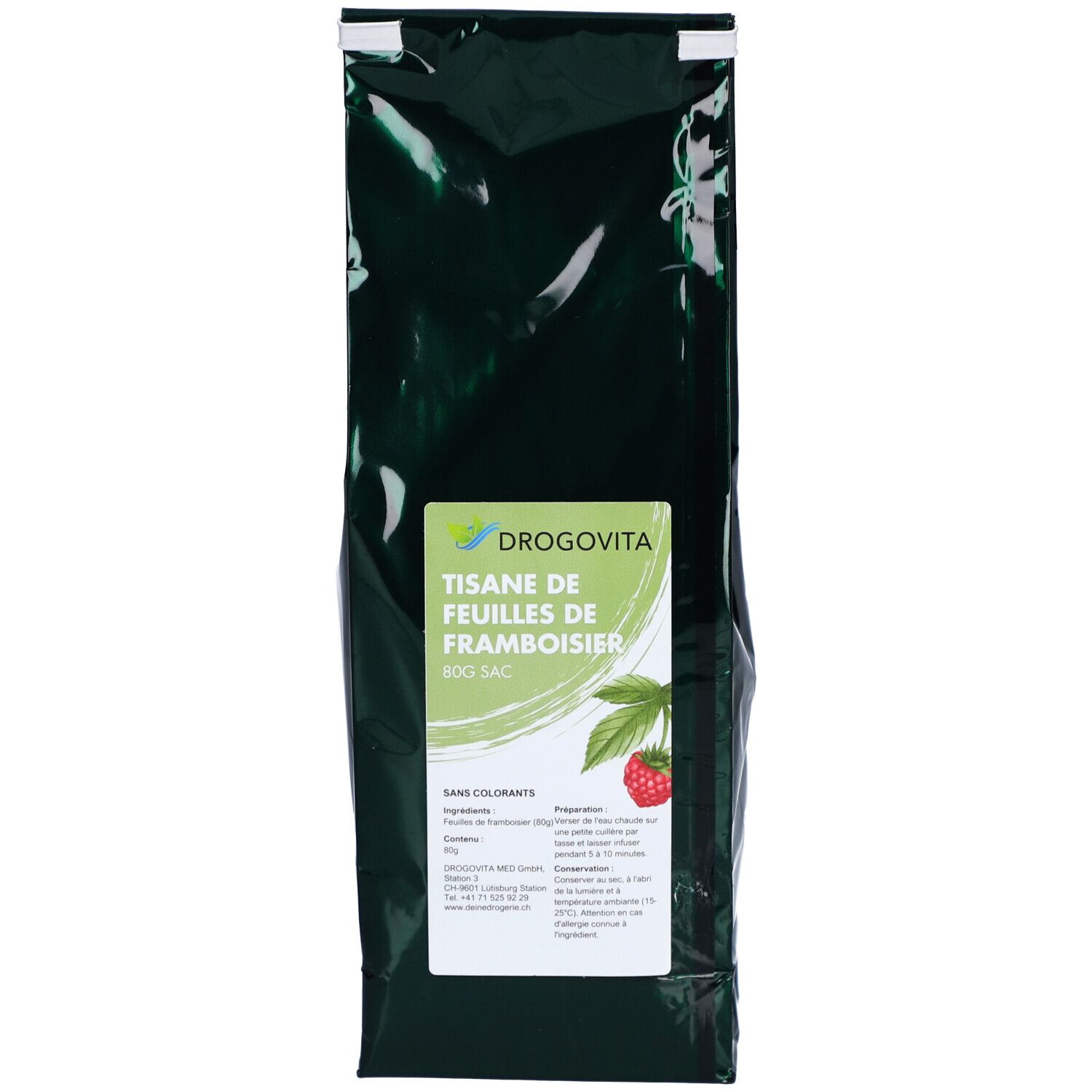 Dunkelgrüne Verpackung mit Etikett. DROGOVITA Kräutertee, Himbeerblätter. Abbildung einer Himbeere und Blätter.