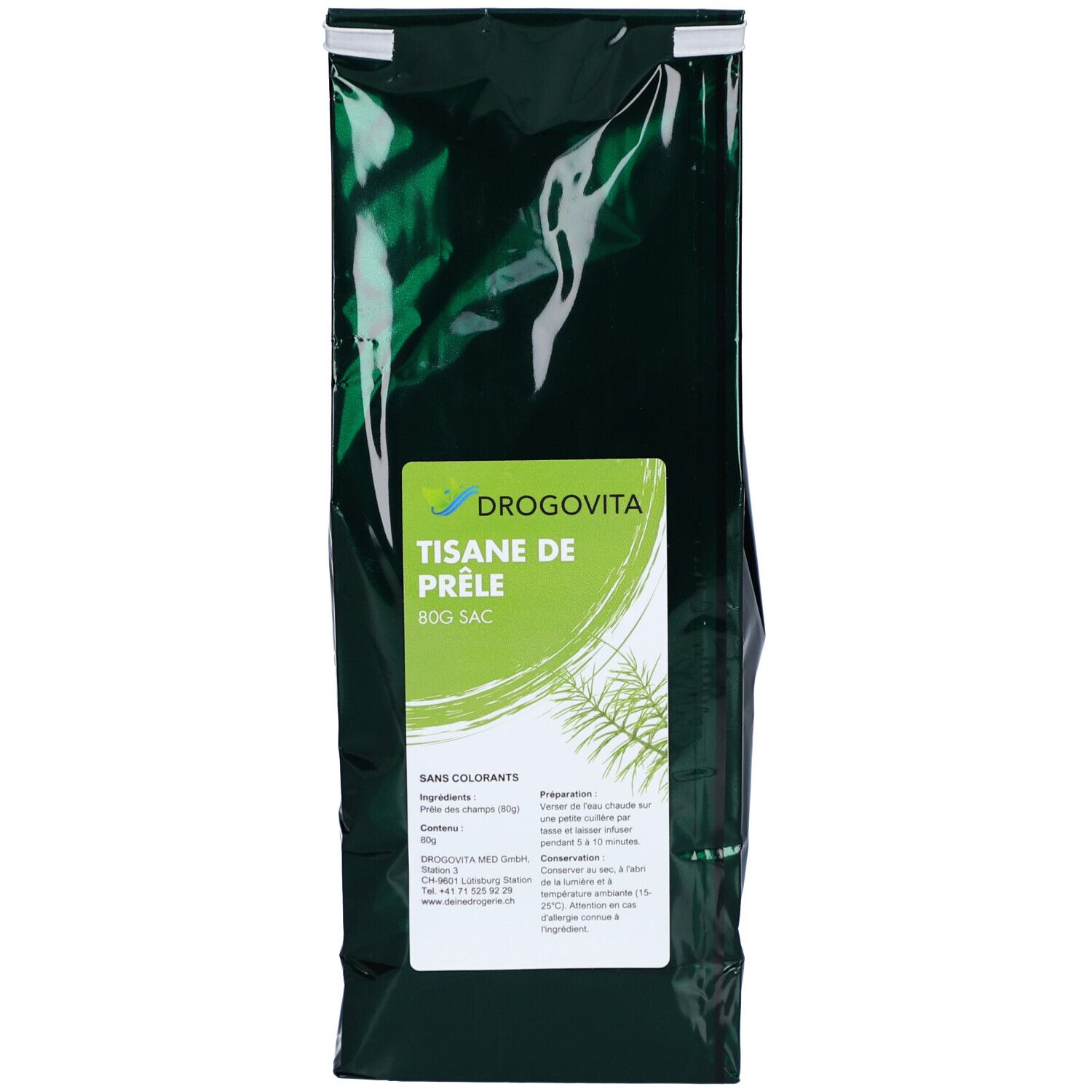 Dunkelgrüne Verpackung mit grünem Etikett. Text: DROGOVITA Tisane de Prêle, 80g Sac. Ohne Farbstoffe. Pflanzenabbildung.