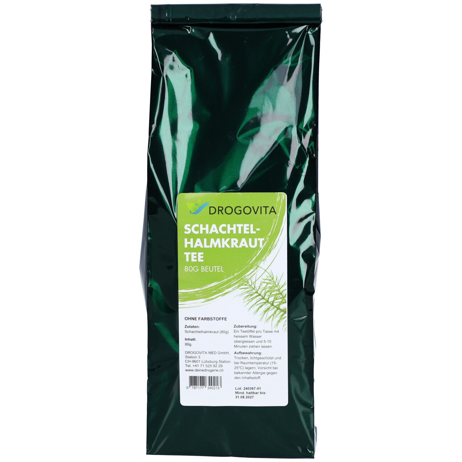 Dunkelgrüne Verpackung mit grünem Etikett. Text: DROGOVITA Schachtelhalmkraut Tee, 80g Beutel. Ohne Farbstoffe. Pflanzenabbildung.