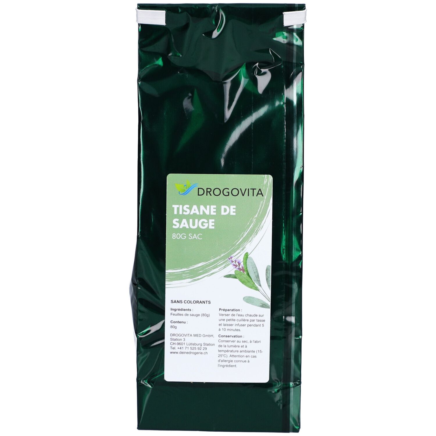 Sachet vert DROGOVITA Tisane de Sauge. Texte: 80g Sac. Sans colorants. Instructions de préparation et informations.