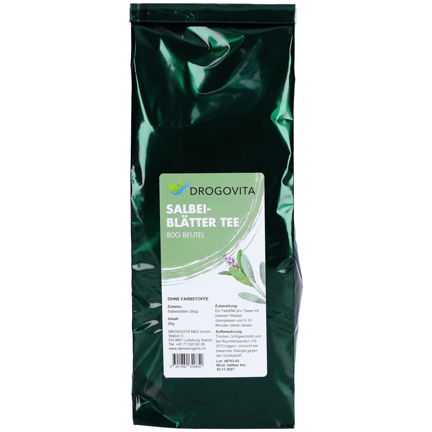 Sachet vert DROGOVITA Salbei-Blätter Tee. Texte: 80g Beutel. Sans colorants. Instructions de préparation et informations.