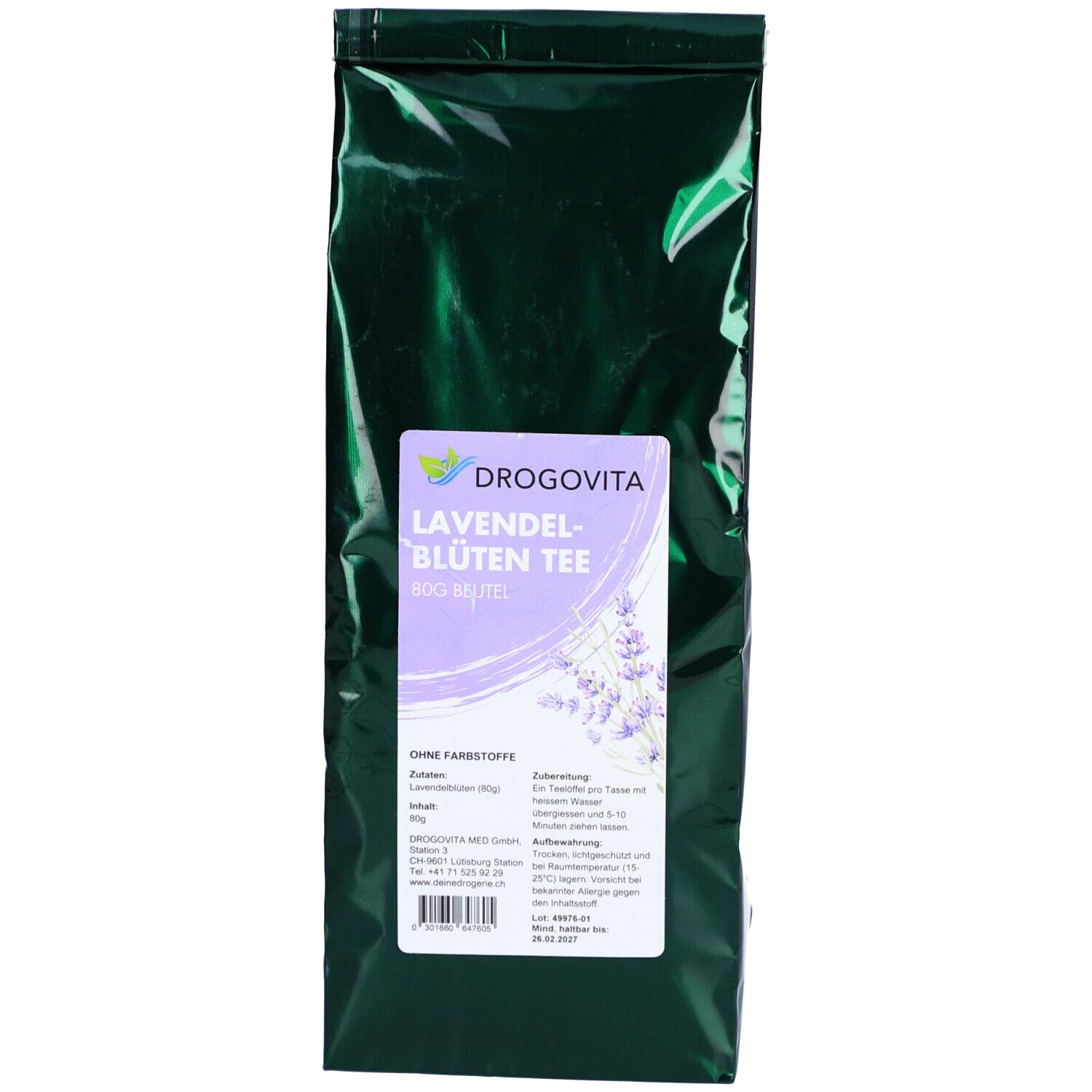 DROGOVITA Lavendel-Blüten Tee. Grün verpackt. Etikett mit Produktinformationen und Lavendel-Illustration. "Lavendel-Blüten Tee" Text.