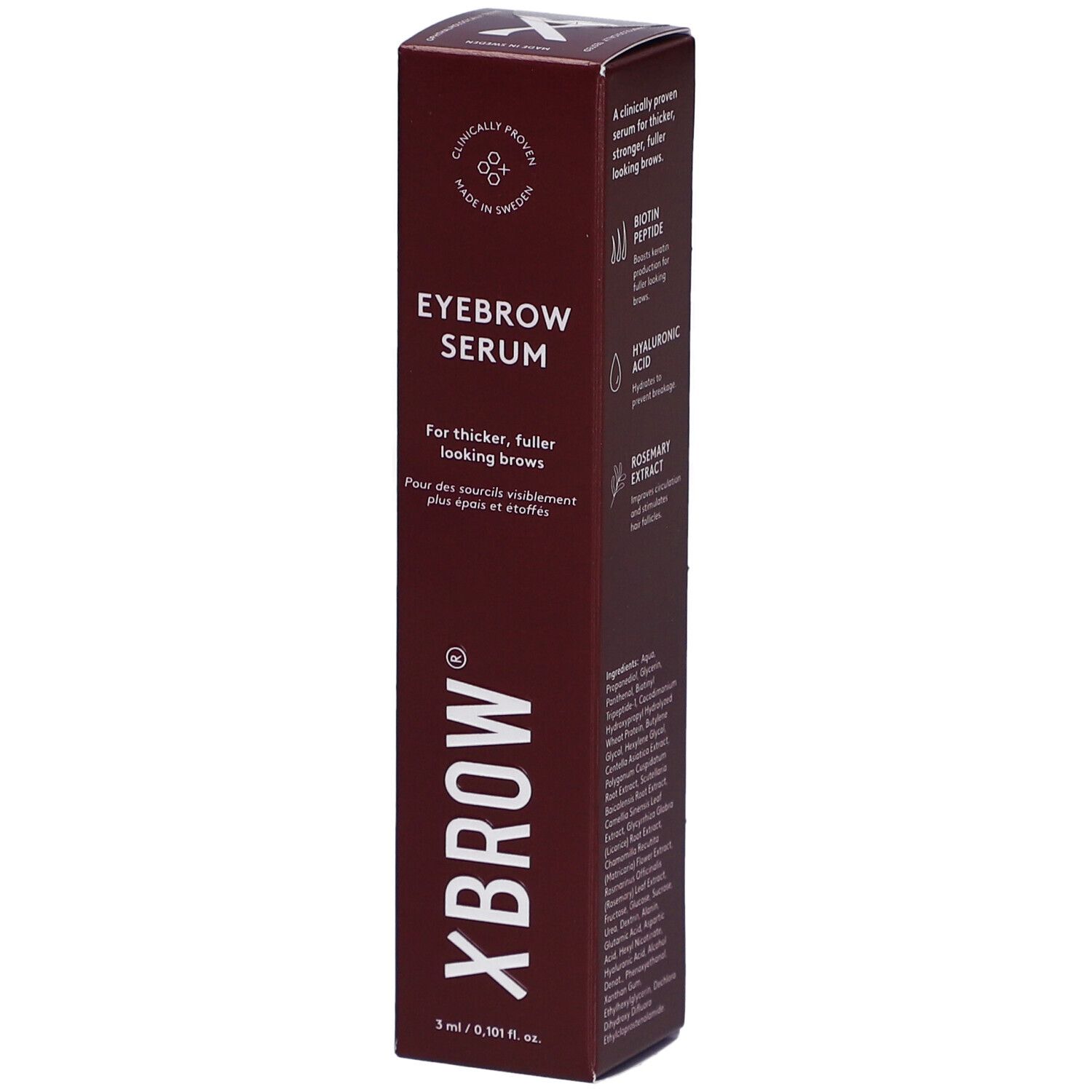Boîte marron "Xbrow Eyebrow Serum". Texte: Pour des sourcils plus épais et fournis. Contient 3 ml.
