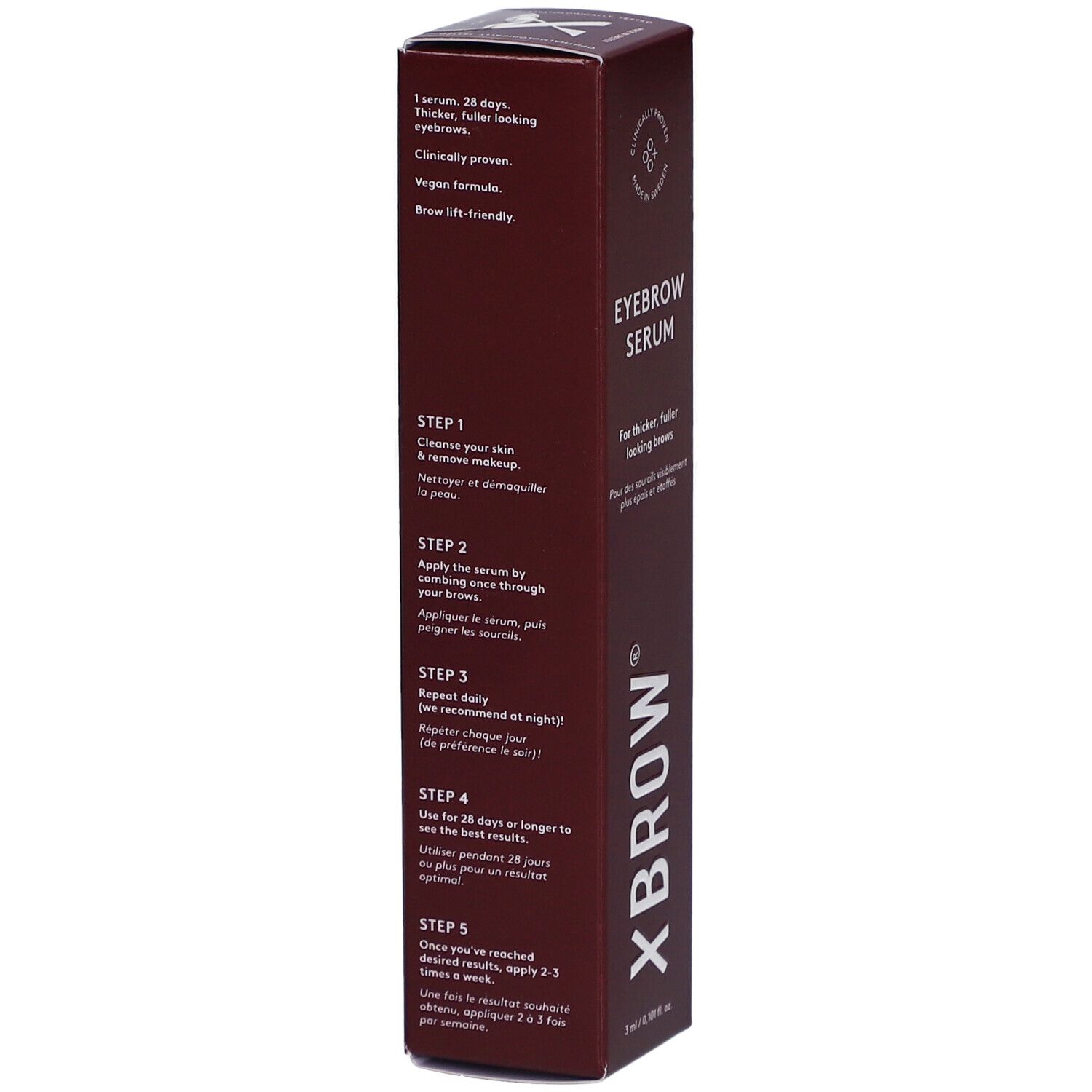 Boîte marron "Xbrow Eyebrow Serum". Dos avec instructions d'utilisation en 5 étapes. Vegan.