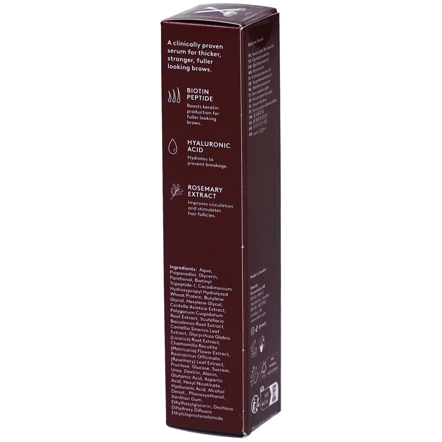 Boîte marron "Xbrow Eyebrow Serum". Ingrédients et actifs: Biotine, acide hyaluronique, extrait de romarin.