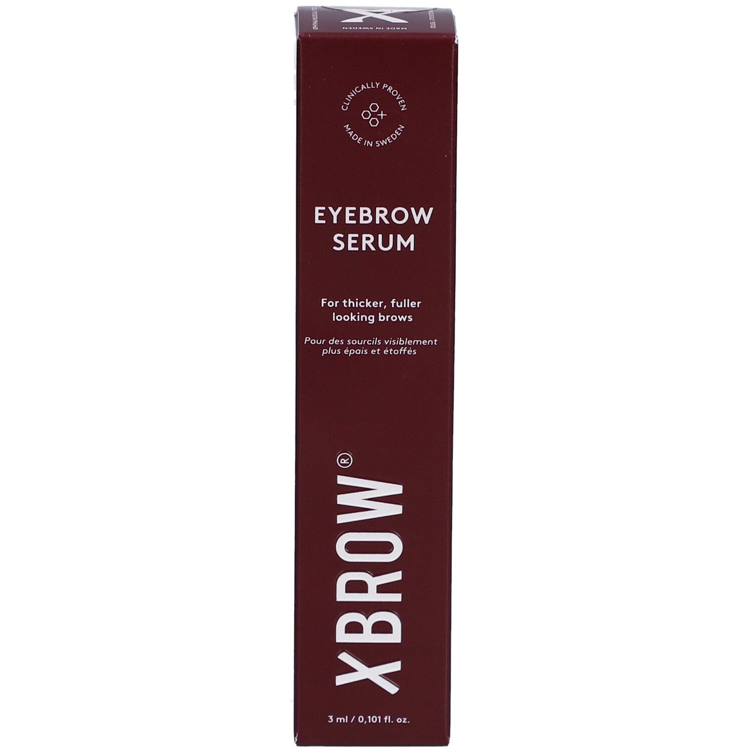 Boîte marron "Xbrow Eyebrow Serum". Texte: Pour des sourcils plus épais et fournis. Contient 3 ml.