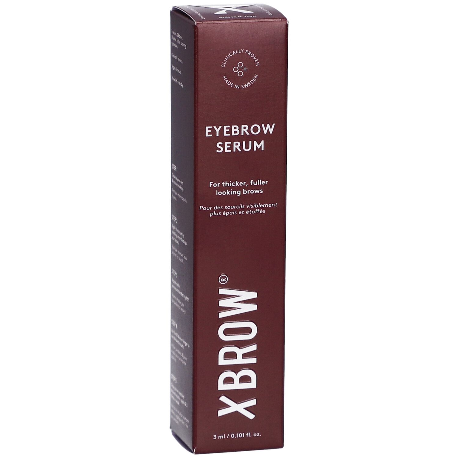 Boîte marron "Xbrow Eyebrow Serum". Texte: Pour des sourcils plus épais et fournis. Contient 3 ml.
