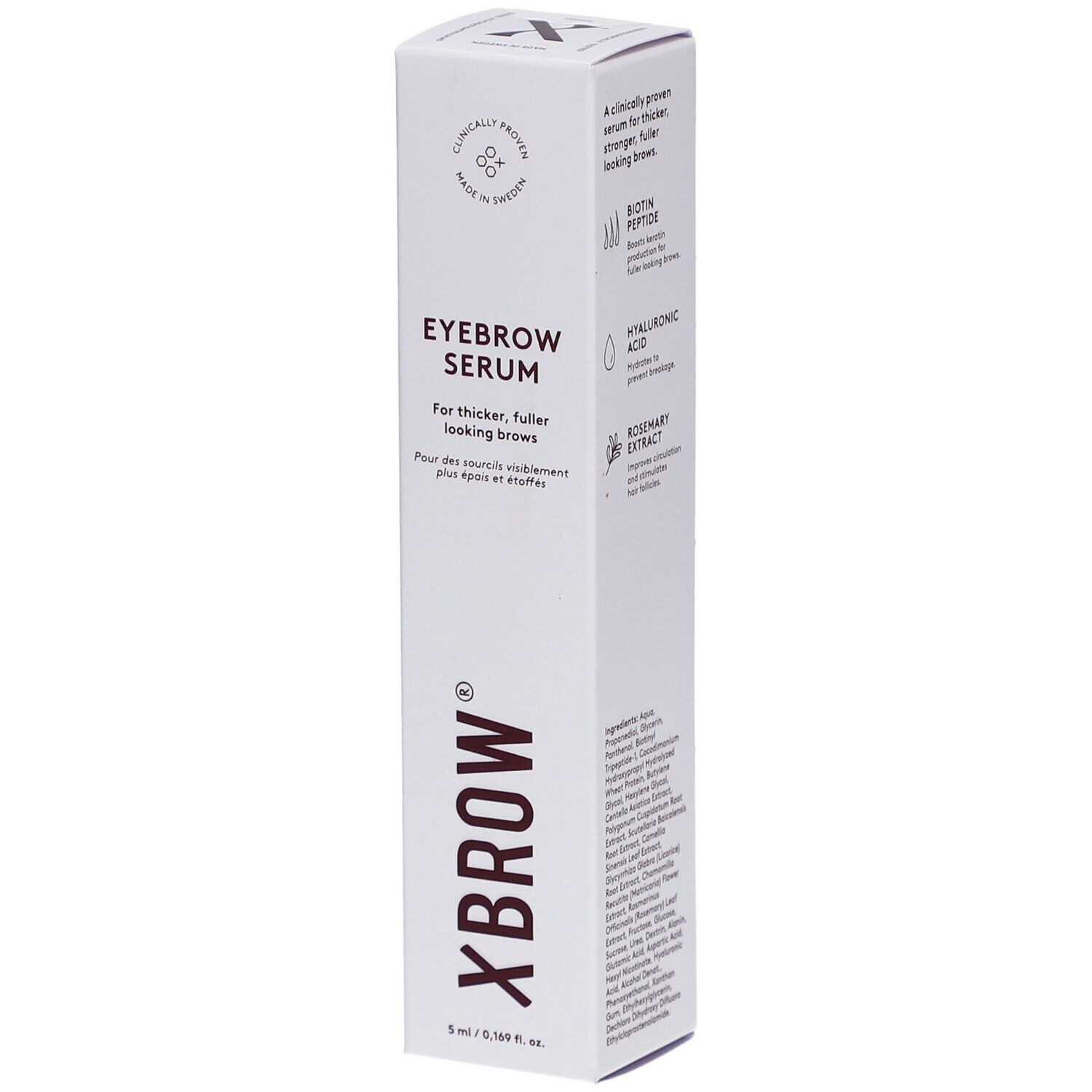 Sérum pour sourcils Xlash Xbrow. Boîte blanche avec nom et ingrédients. Cliniquement prouvé.