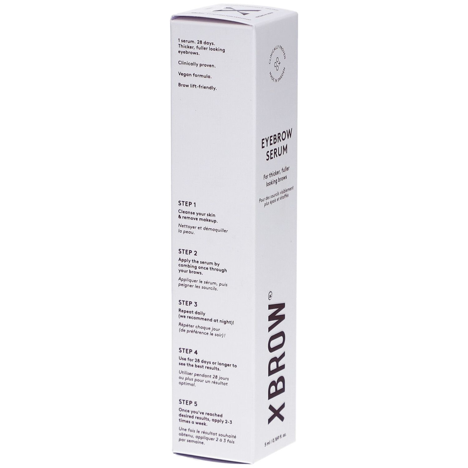 Sérum pour sourcils Xlash Xbrow. Boîte blanche avec instructions d'utilisation. Végétalien et sans cruauté.