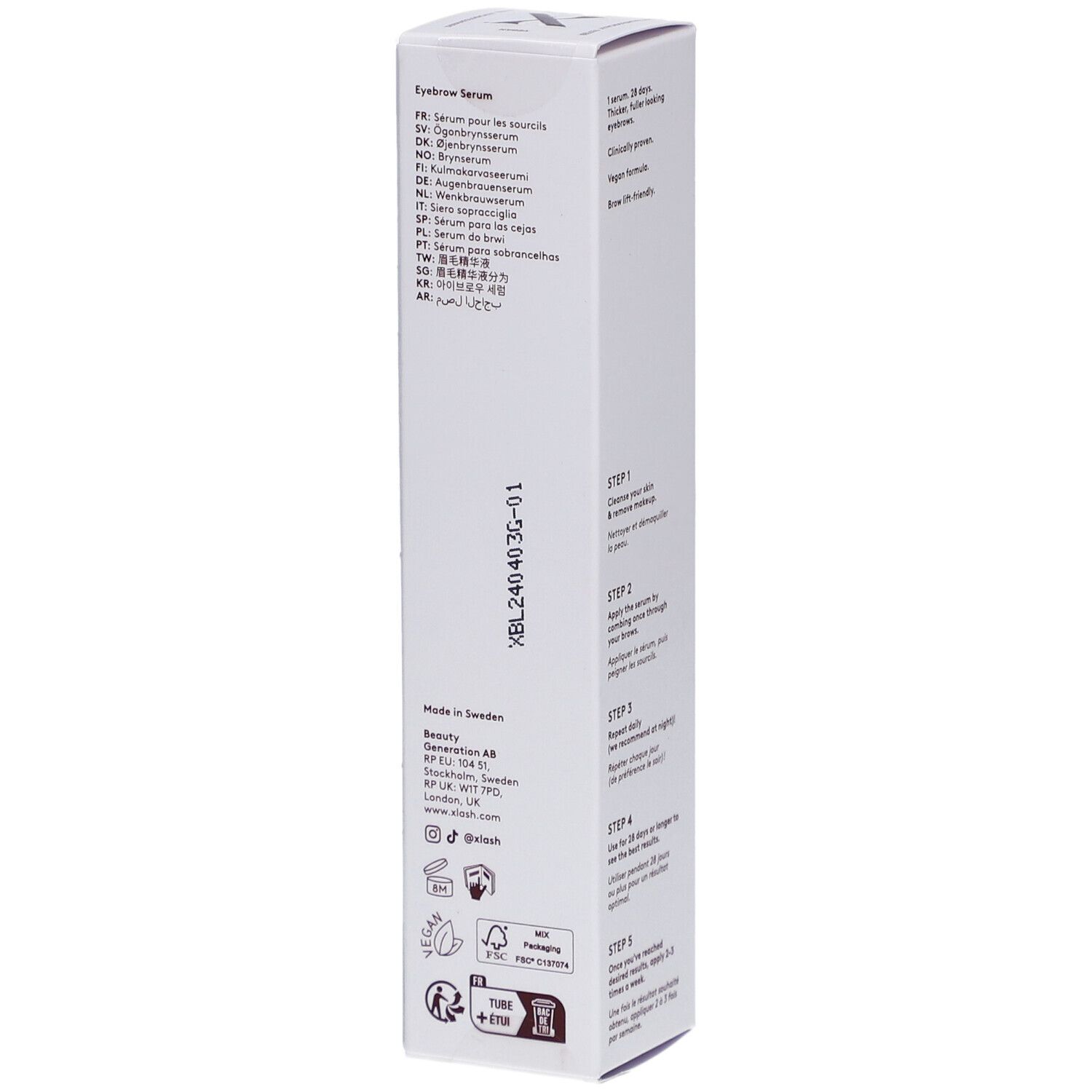 Sérum pour sourcils Xlash Xbrow. Boîte blanche avec informations produit multilingues.