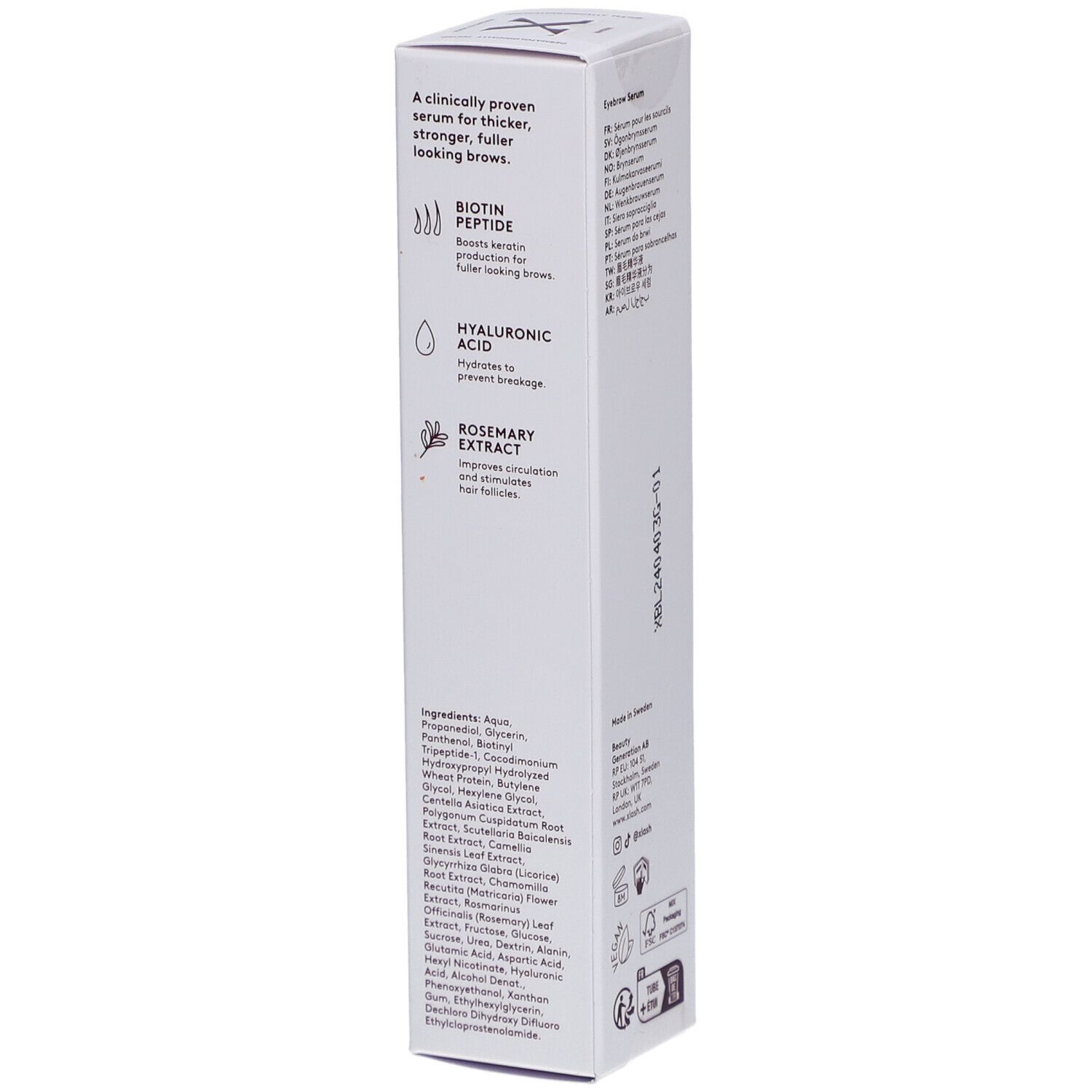 Sérum pour sourcils Xlash Xbrow. Boîte blanche avec ingrédients et actifs. Cliniquement prouvé.