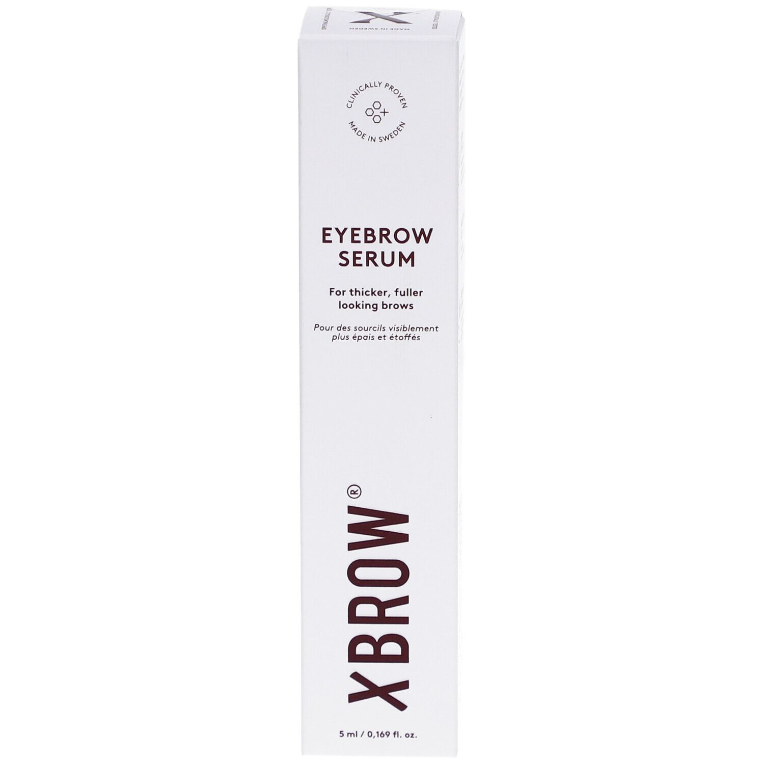 Sérum pour sourcils Xlash Xbrow. Boîte blanche avec nom et volume : 5 ml.