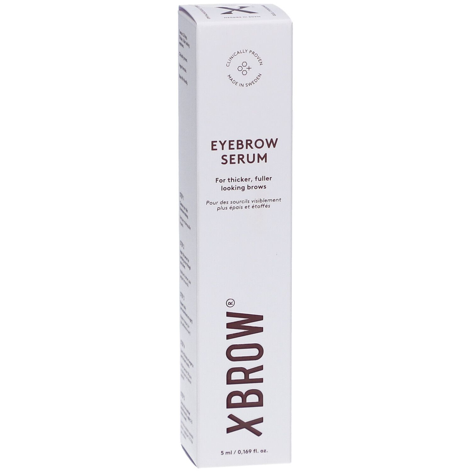 Sérum pour sourcils Xlash Xbrow. Boîte blanche avec nom et volume : 5 ml.